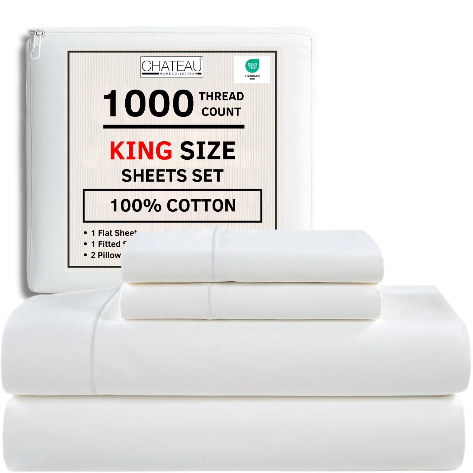 King Bed Sheets Deep Pocket King Sheet Set, 1000 Thread Count Long Staple Fully Elasticated 100% Cotton Sheet & Pillowcase sets, Machine Wash No Pill Naturally Breathable Cotton Bedding- Mineral