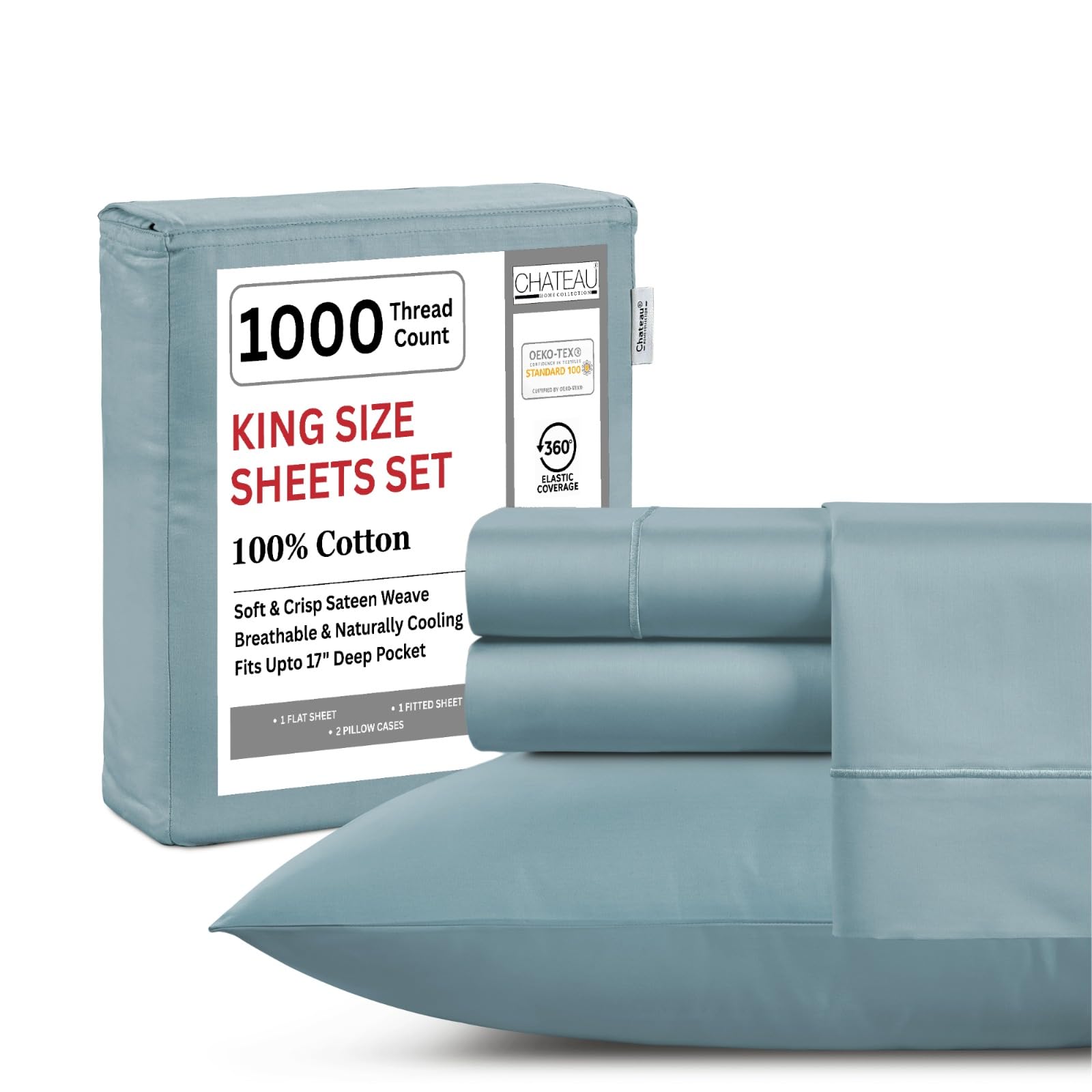 King Bed Sheets Deep Pocket King Sheet Set, 1000 Thread Count Long Staple Fully Elasticated 100% Cotton Sheet & Pillowcase sets, Machine Wash No Pill Naturally Breathable Cotton Bedding- Mineral