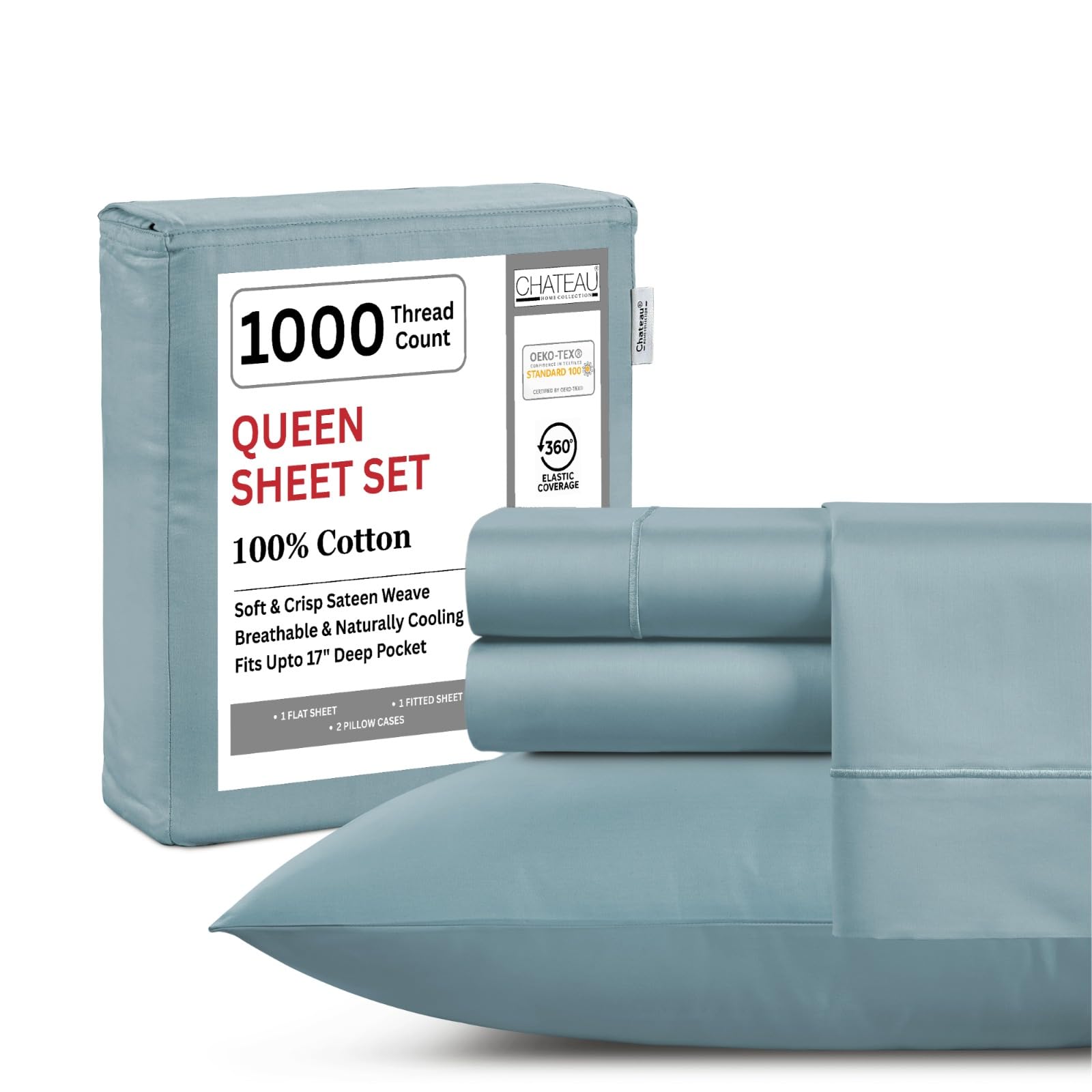 King Bed Sheets Deep Pocket King Sheet Set, 1000 Thread Count Long Staple Fully Elasticated 100% Cotton Sheet & Pillowcase sets, Machine Wash No Pill Naturally Breathable Cotton Bedding- Mineral