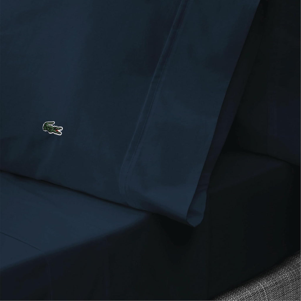Lacoste 100% Cotton Percale 4-Piece Sheet Set – Cool, Crisp, Matte, and Durable, Oeko-Tex Certified – Solid, Navy, Full