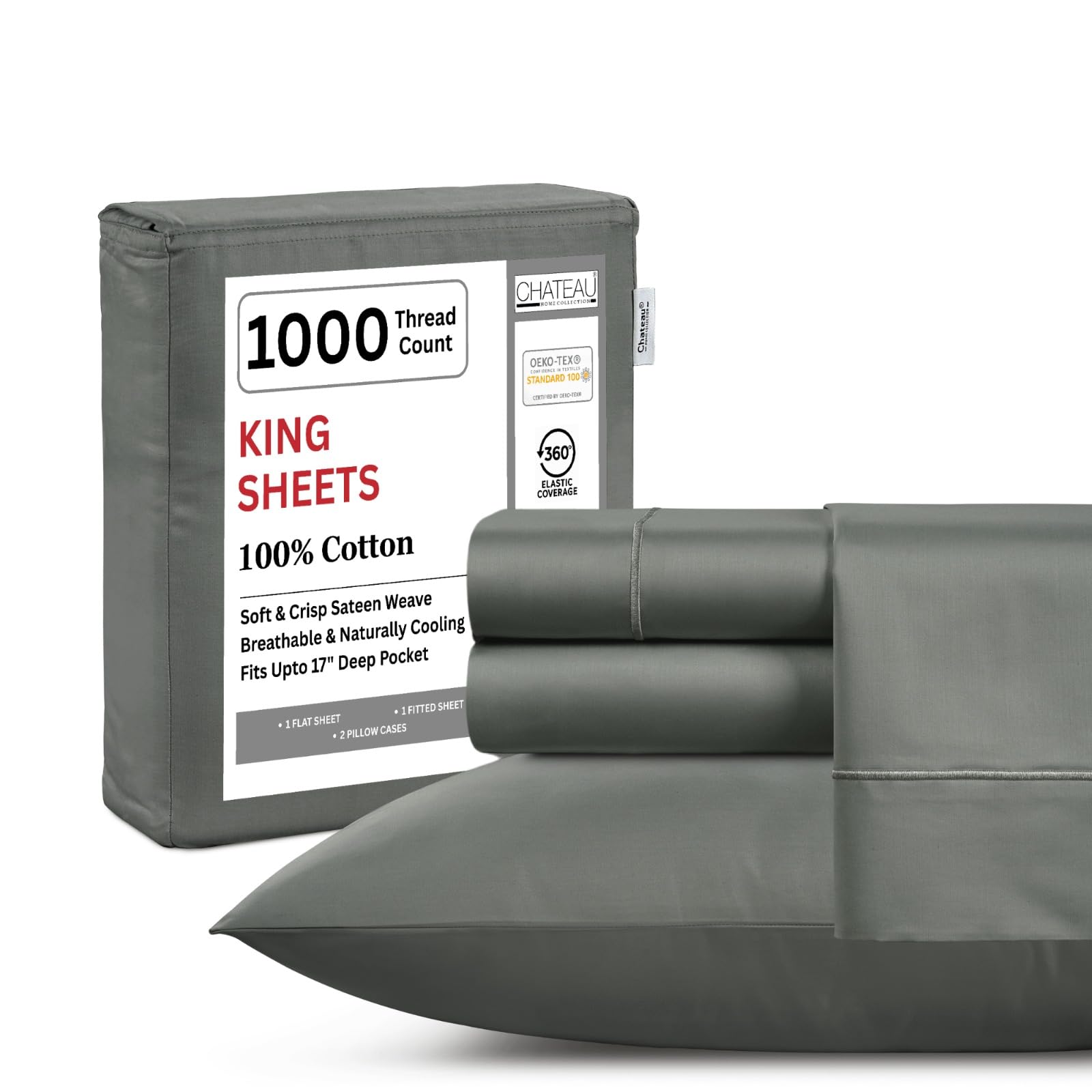 King Bed Sheets Deep Pocket King Sheet Set, 1000 Thread Count Long Staple Fully Elasticated 100% Cotton Sheet & Pillowcase sets, Machine Wash No Pill Naturally Breathable Cotton Bedding- Mineral