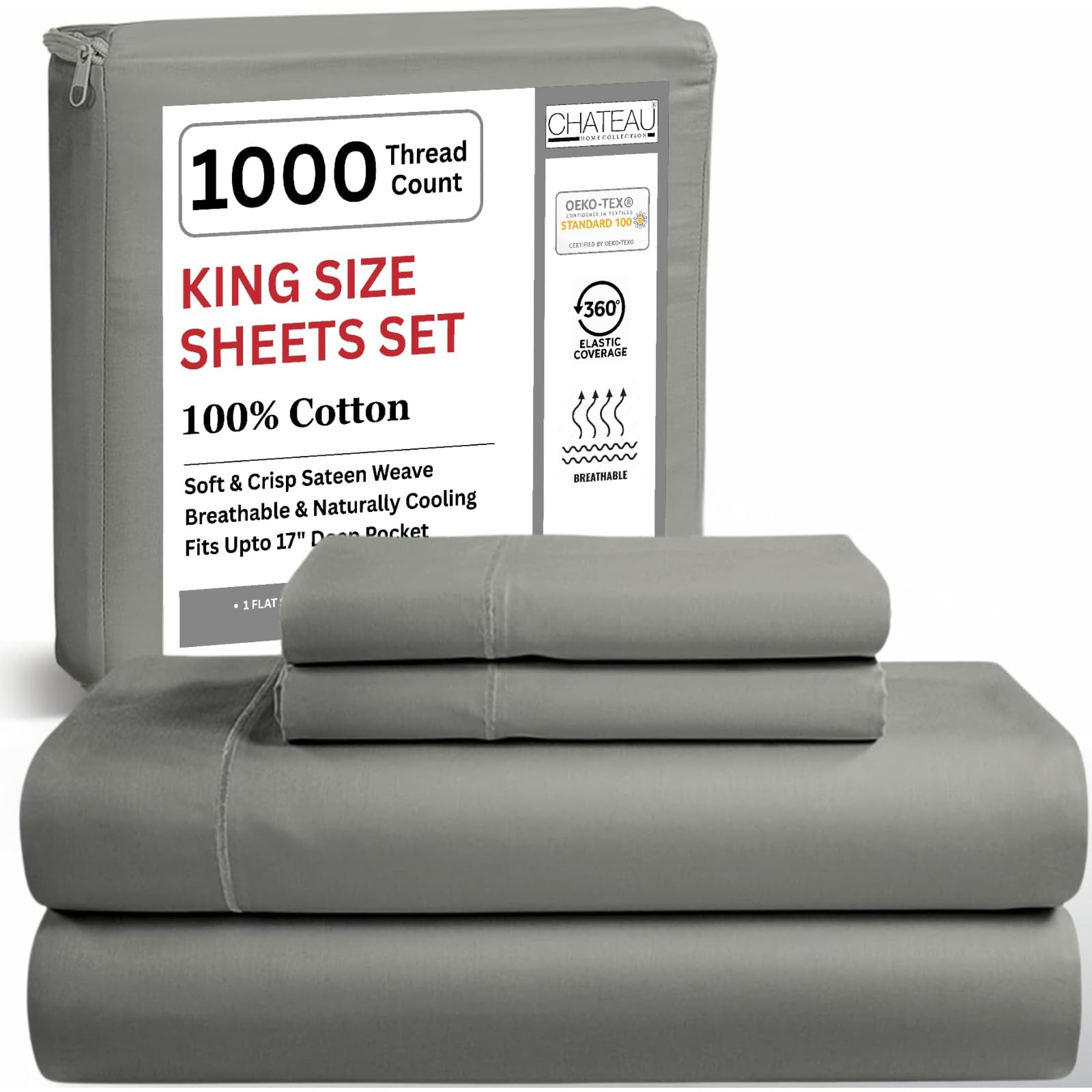 King Bed Sheets Deep Pocket King Sheet Set, 1000 Thread Count Long Staple Fully Elasticated 100% Cotton Sheet & Pillowcase sets, Machine Wash No Pill Naturally Breathable Cotton Bedding- Mineral