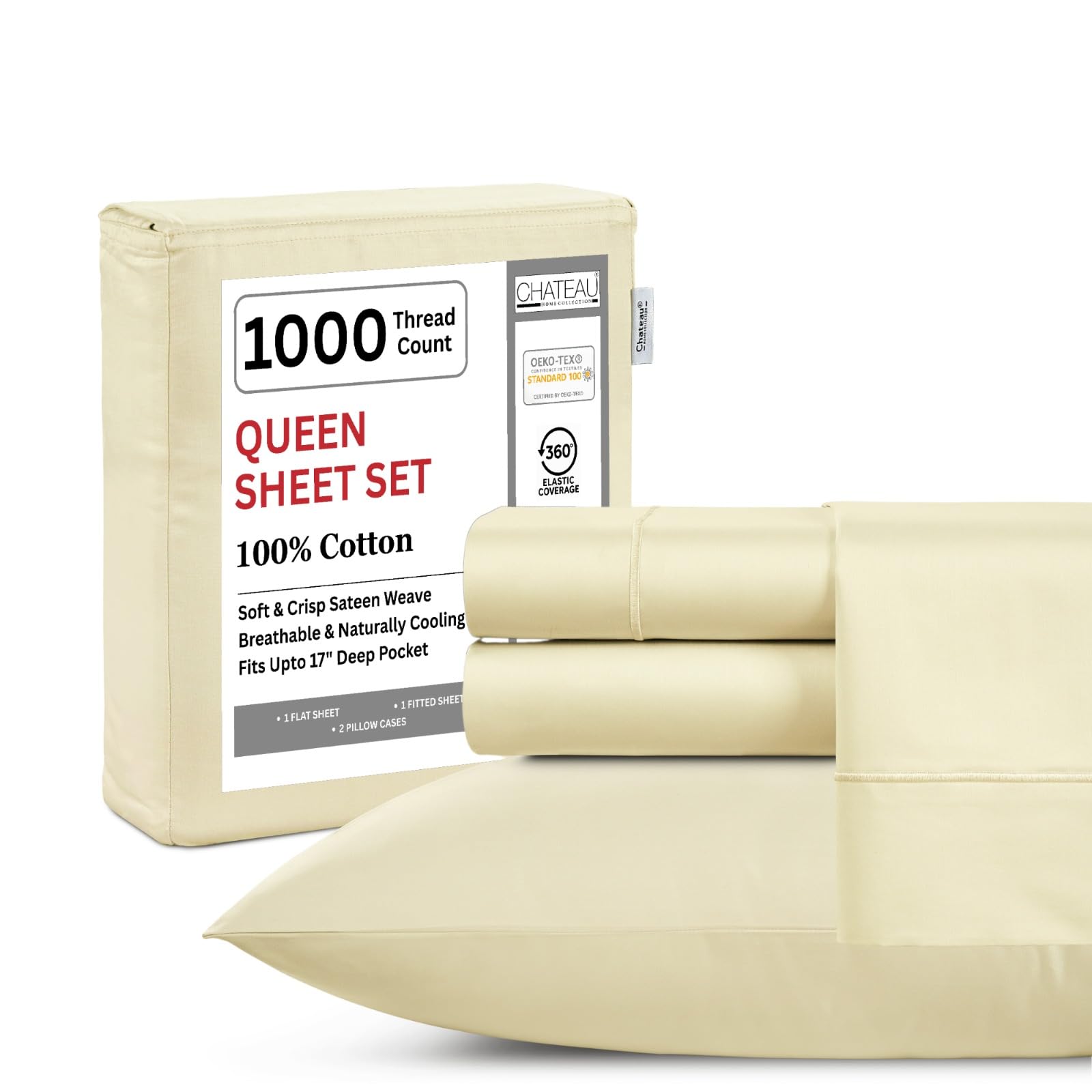 King Bed Sheets Deep Pocket King Sheet Set, 1000 Thread Count Long Staple Fully Elasticated 100% Cotton Sheet & Pillowcase sets, Machine Wash No Pill Naturally Breathable Cotton Bedding- Mineral