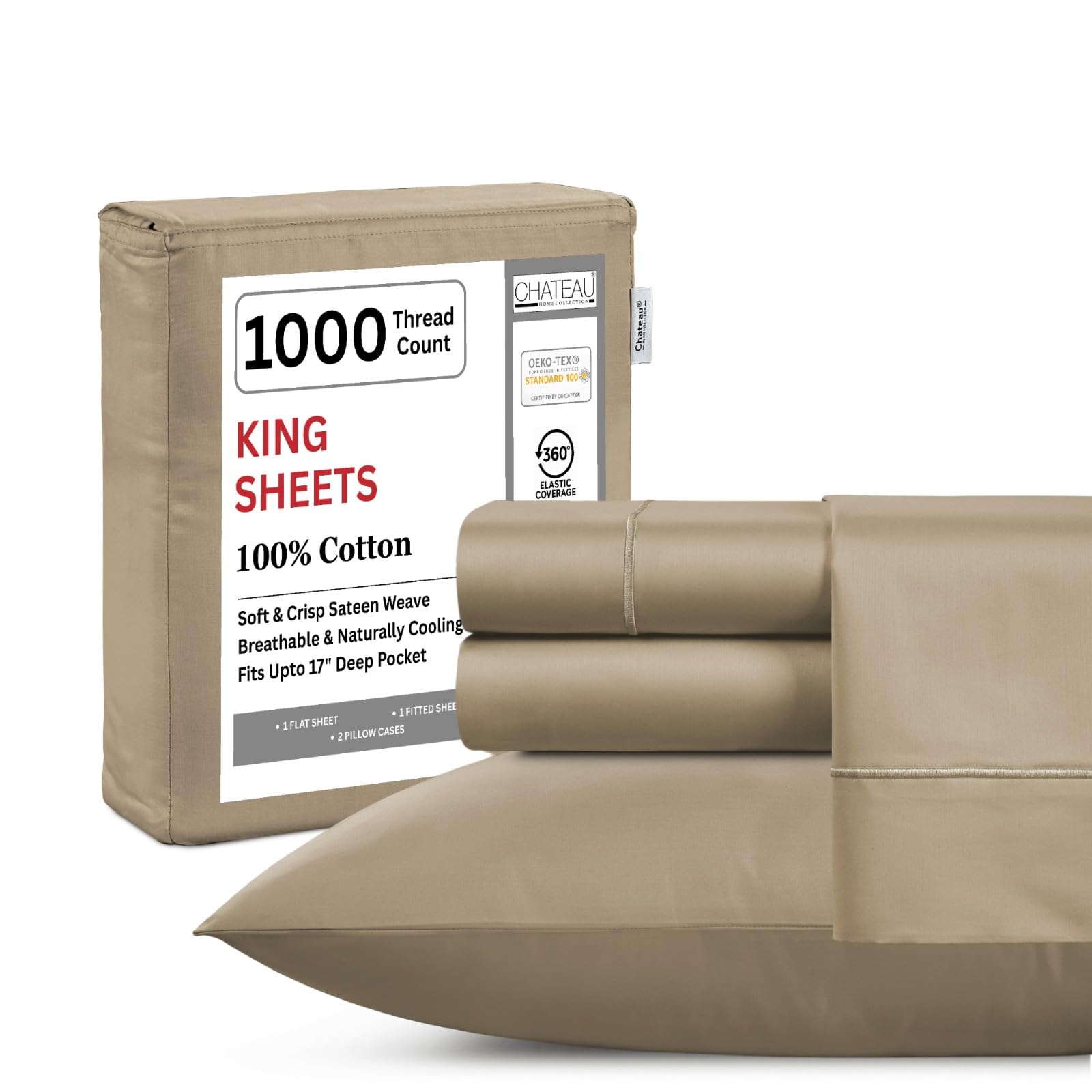 King Bed Sheets Deep Pocket King Sheet Set, 1000 Thread Count Long Staple Fully Elasticated 100% Cotton Sheet & Pillowcase sets, Machine Wash No Pill Naturally Breathable Cotton Bedding- Mineral