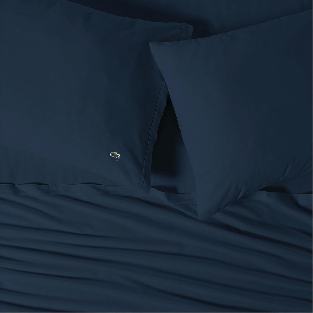 Lacoste 100% Cotton Percale 4-Piece Sheet Set – Cool, Crisp, Matte, and Durable, Oeko-Tex Certified – Solid, Navy, Full