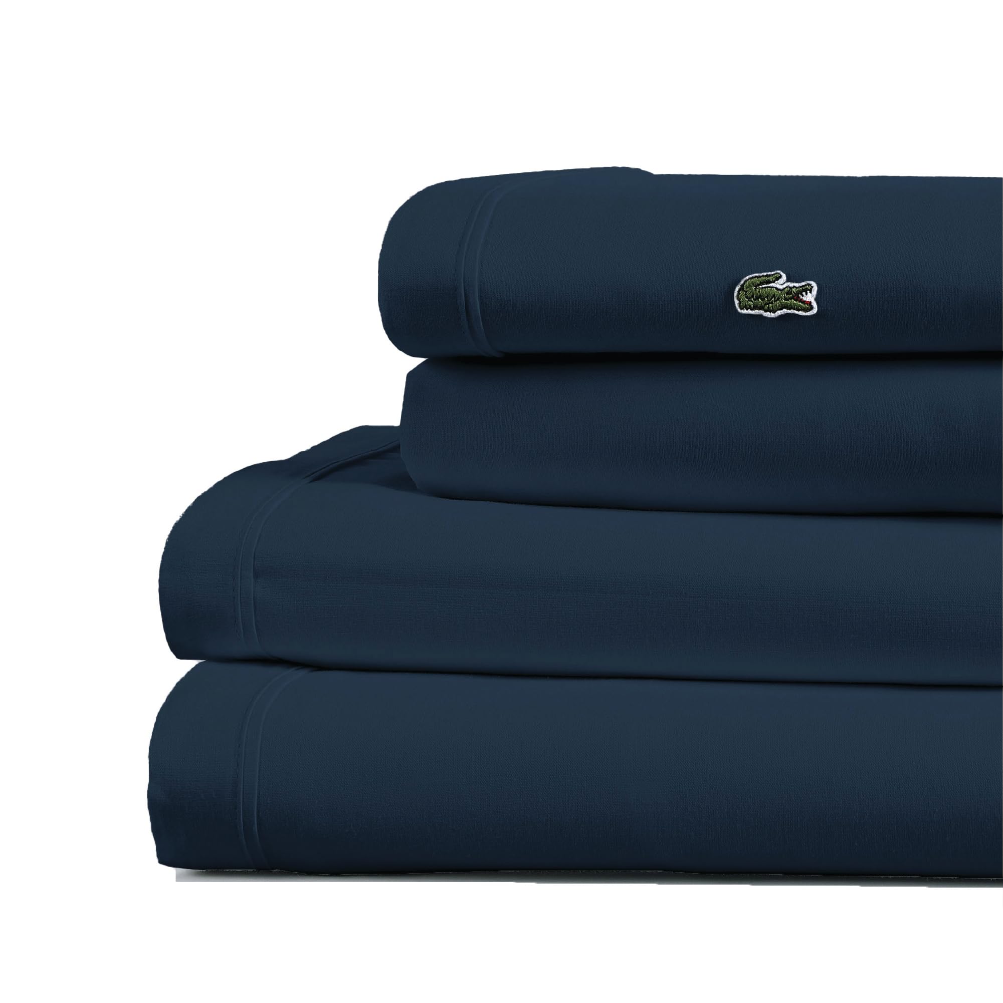 Lacoste 100% Cotton Percale 4-Piece Sheet Set – Cool, Crisp, Matte, and Durable, Oeko-Tex Certified – Solid, Navy, Full