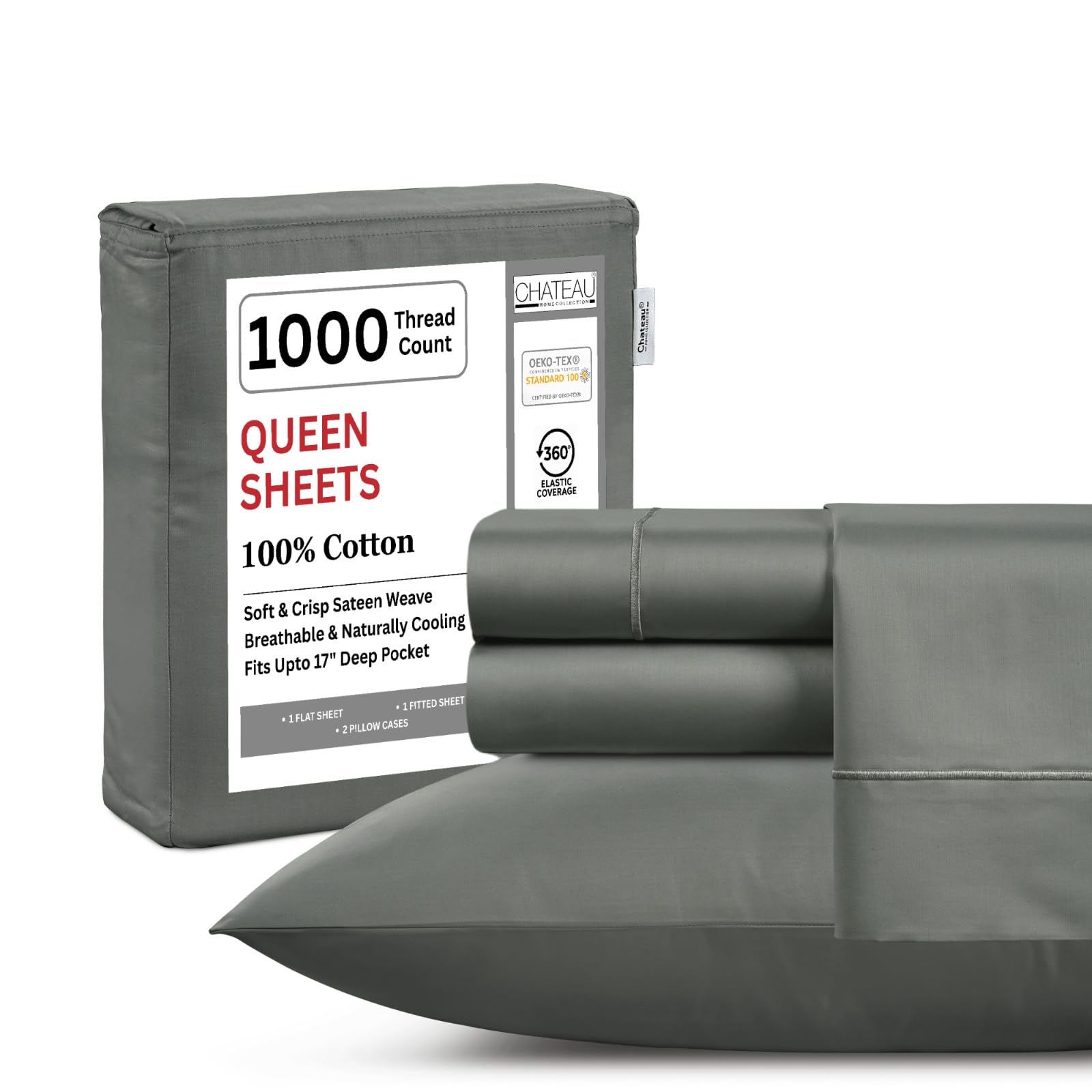 King Bed Sheets Deep Pocket King Sheet Set, 1000 Thread Count Long Staple Fully Elasticated 100% Cotton Sheet & Pillowcase sets, Machine Wash No Pill Naturally Breathable Cotton Bedding- Mineral