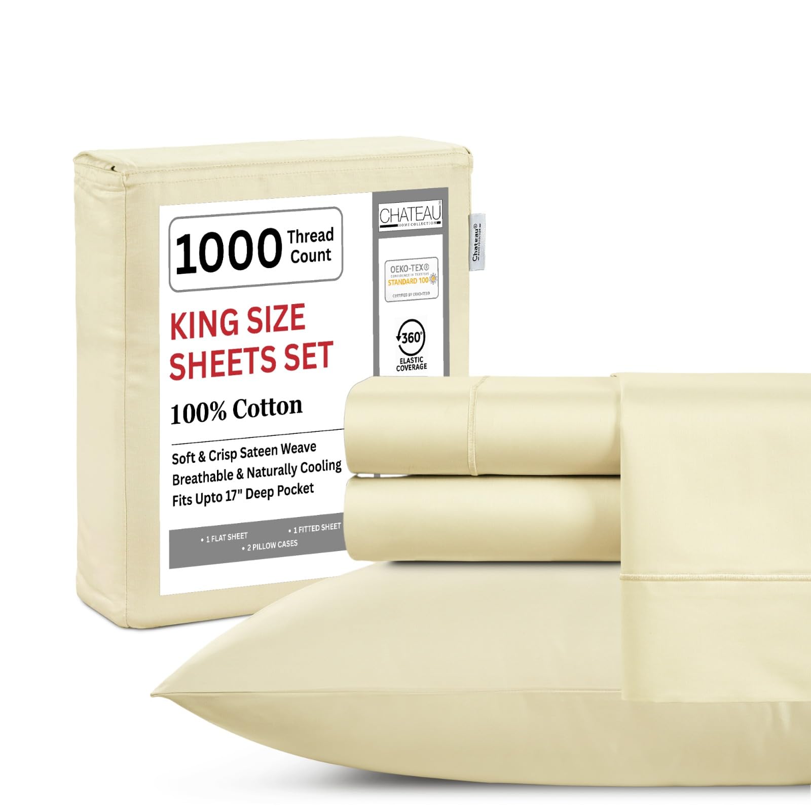 King Bed Sheets Deep Pocket King Sheet Set, 1000 Thread Count Long Staple Fully Elasticated 100% Cotton Sheet & Pillowcase sets, Machine Wash No Pill Naturally Breathable Cotton Bedding- Mineral