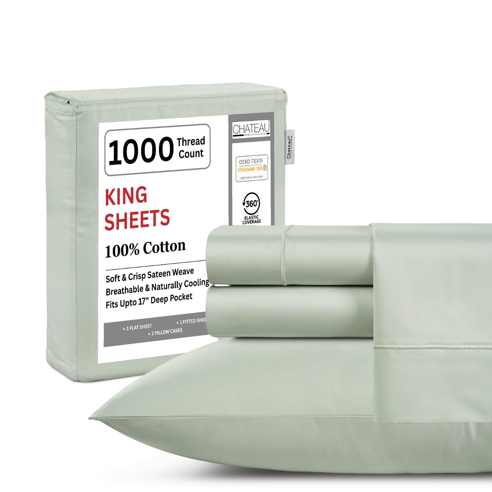 King Bed Sheets Deep Pocket King Sheet Set, 1000 Thread Count Long Staple Fully Elasticated 100% Cotton Sheet & Pillowcase sets, Machine Wash No Pill Naturally Breathable Cotton Bedding- Mineral