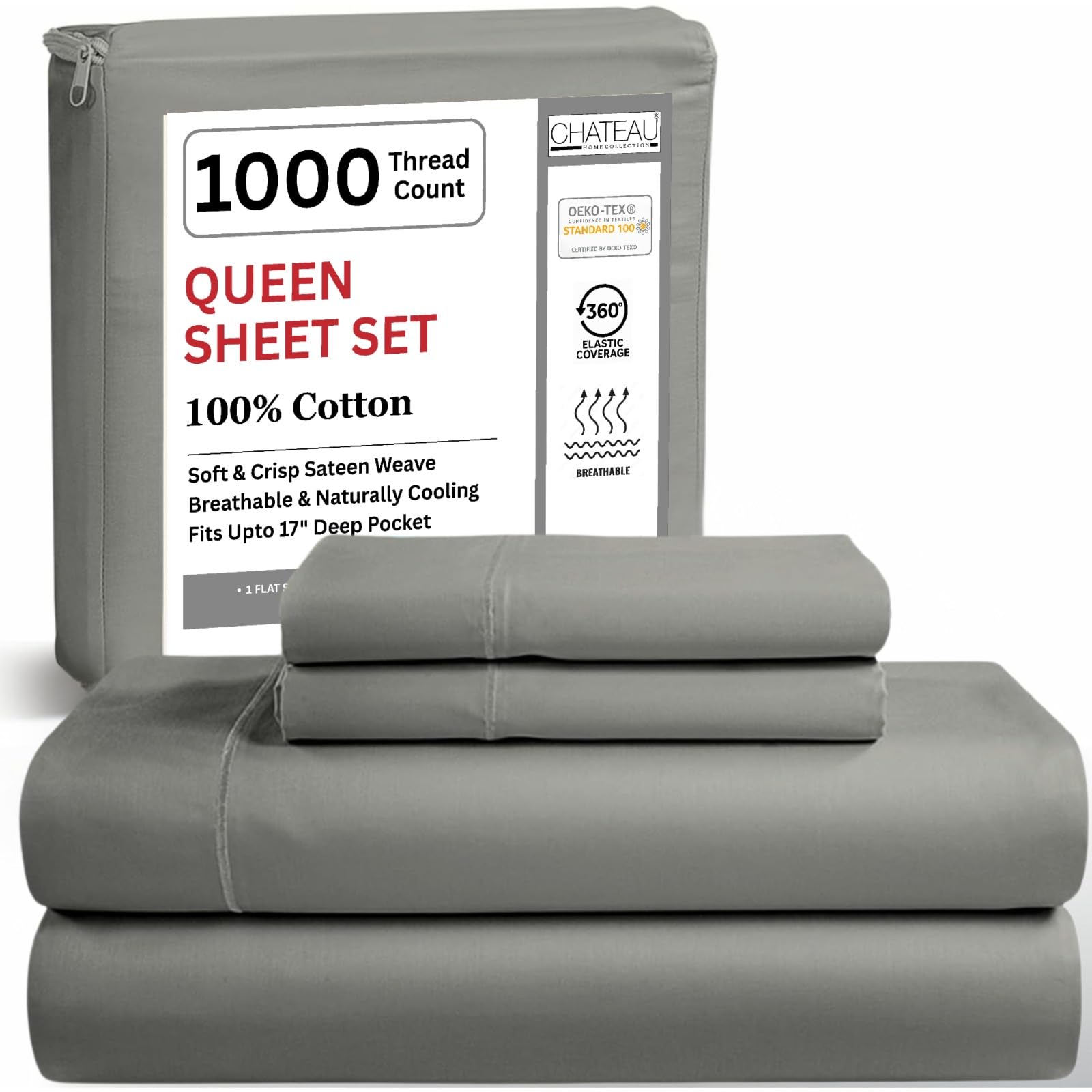 King Bed Sheets Deep Pocket King Sheet Set, 1000 Thread Count Long Staple Fully Elasticated 100% Cotton Sheet & Pillowcase sets, Machine Wash No Pill Naturally Breathable Cotton Bedding- Mineral