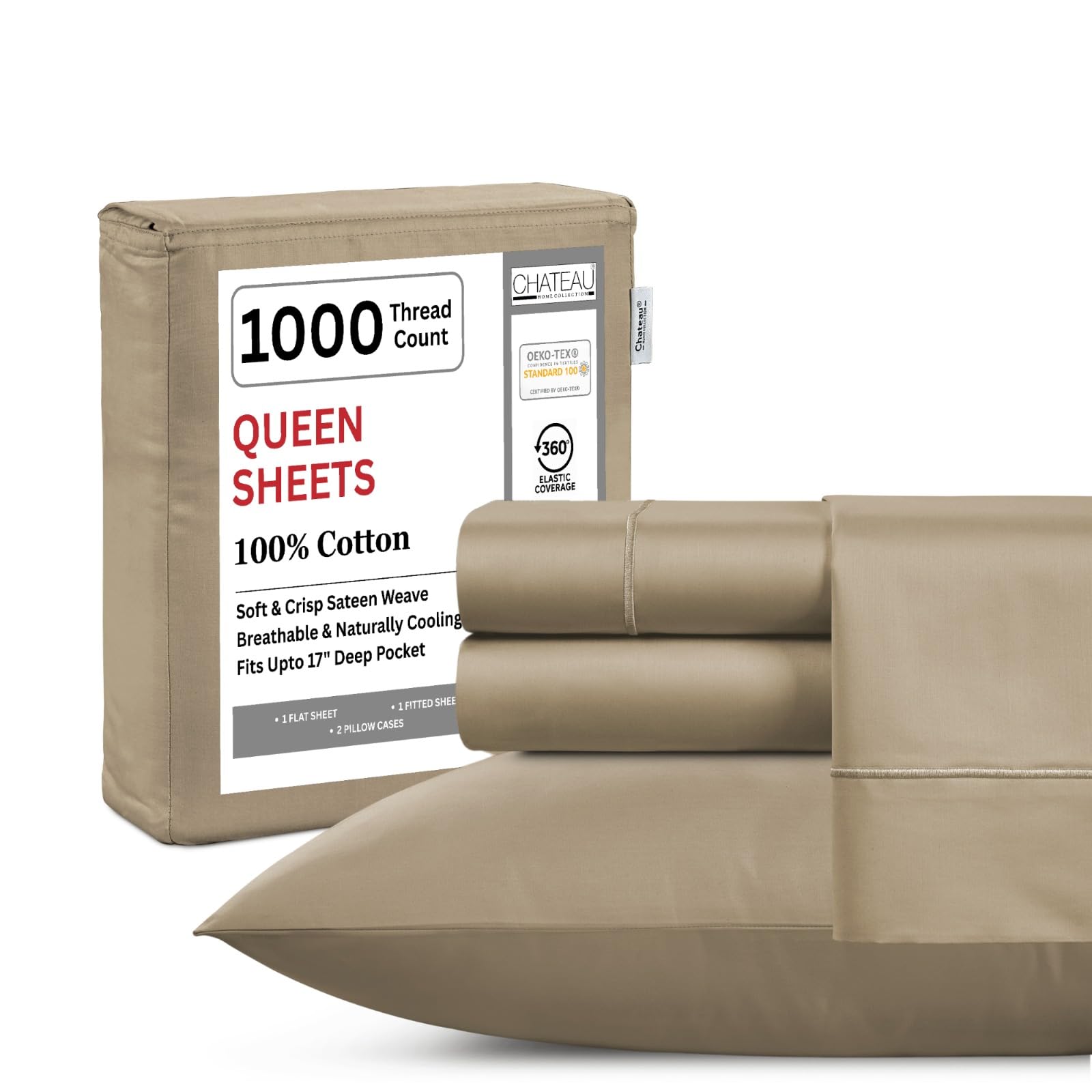 King Bed Sheets Deep Pocket King Sheet Set, 1000 Thread Count Long Staple Fully Elasticated 100% Cotton Sheet & Pillowcase sets, Machine Wash No Pill Naturally Breathable Cotton Bedding- Mineral