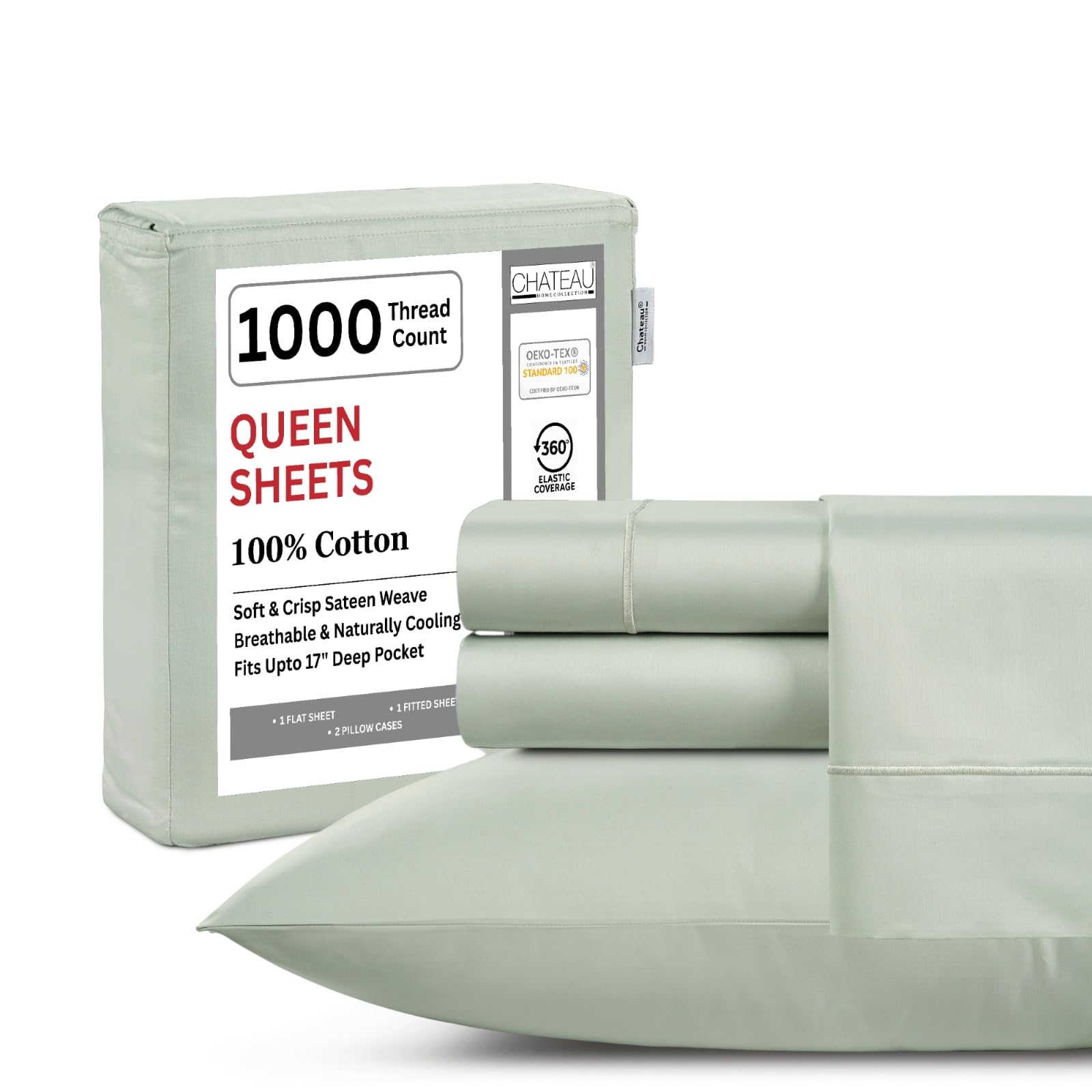 King Bed Sheets Deep Pocket King Sheet Set, 1000 Thread Count Long Staple Fully Elasticated 100% Cotton Sheet & Pillowcase sets, Machine Wash No Pill Naturally Breathable Cotton Bedding- Mineral