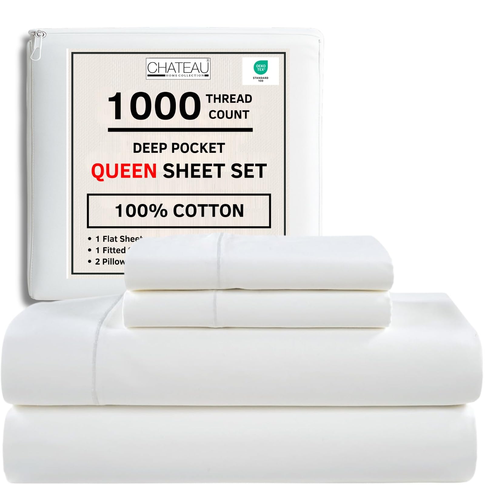 King Bed Sheets Deep Pocket King Sheet Set, 1000 Thread Count Long Staple Fully Elasticated 100% Cotton Sheet & Pillowcase sets, Machine Wash No Pill Naturally Breathable Cotton Bedding- Mineral