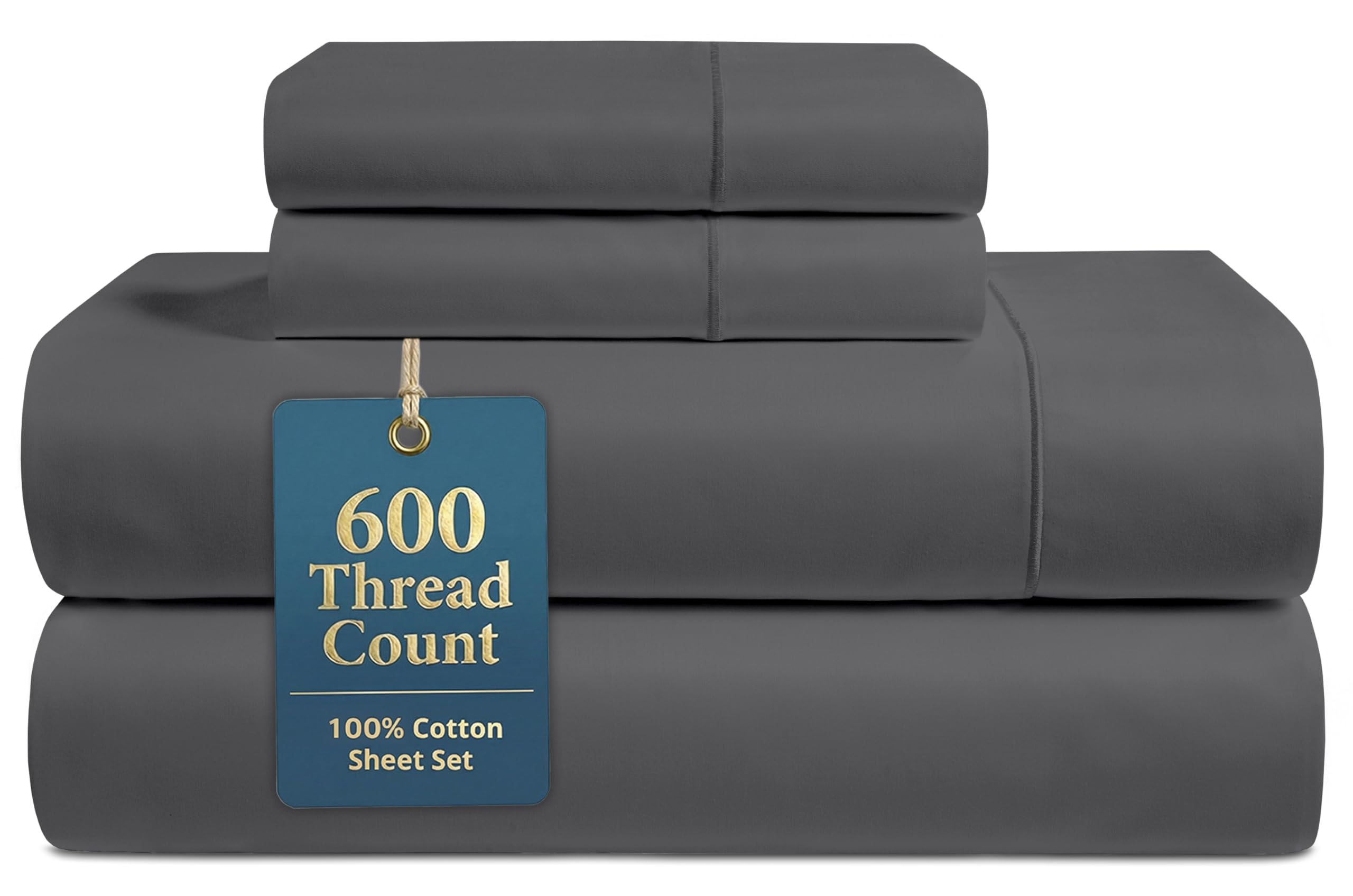 LANE LINEN Queen Bed Sheets - Pemium 600 Thread Count Long Staple 100% Cotton Sheets Queen Size Bed Set, Hotel Luxury Sateen Finish, 15" Deep Pocket Fitted Sheet, Cool & Durable - Denim