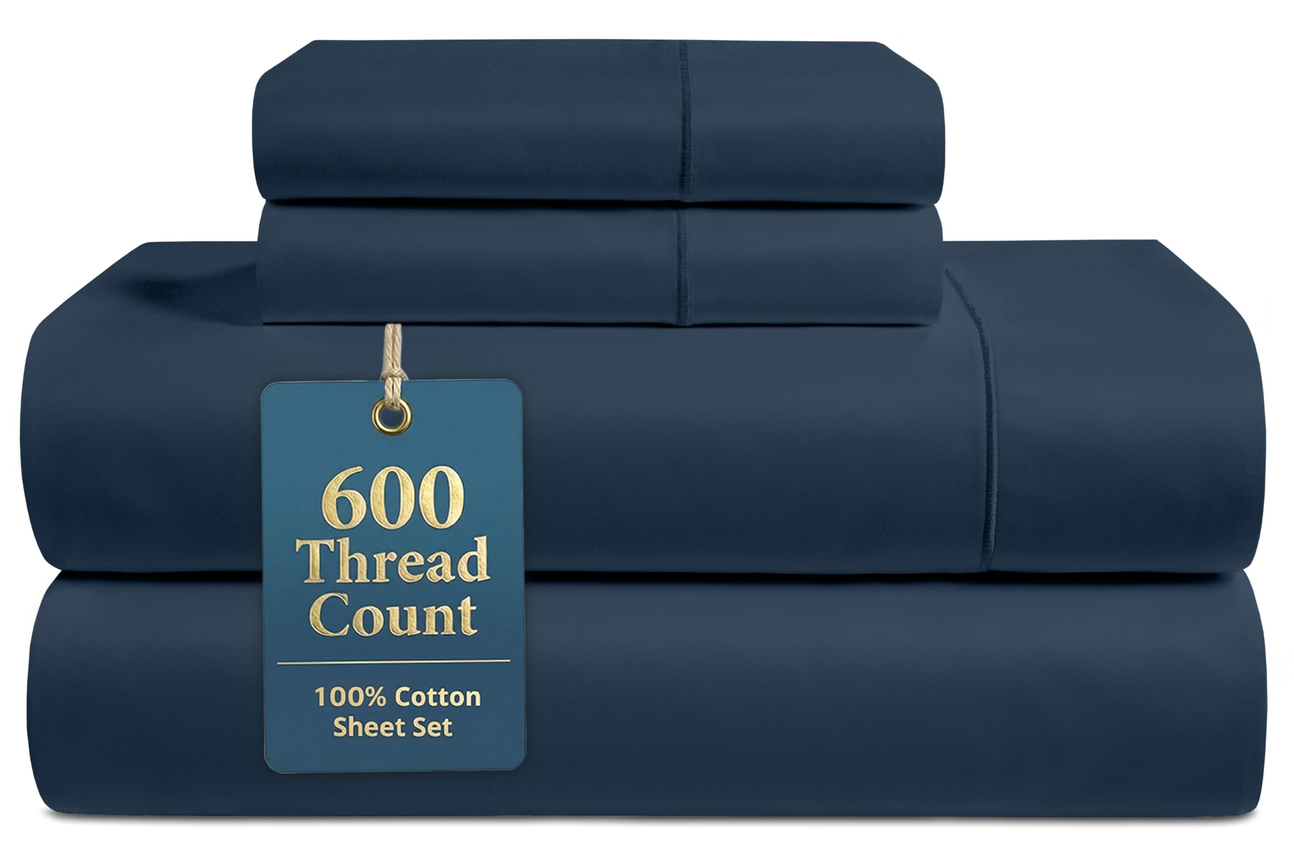LANE LINEN Queen Bed Sheets - Pemium 600 Thread Count Long Staple 100% Cotton Sheets Queen Size Bed Set, Hotel Luxury Sateen Finish, 15" Deep Pocket Fitted Sheet, Cool & Durable - Denim