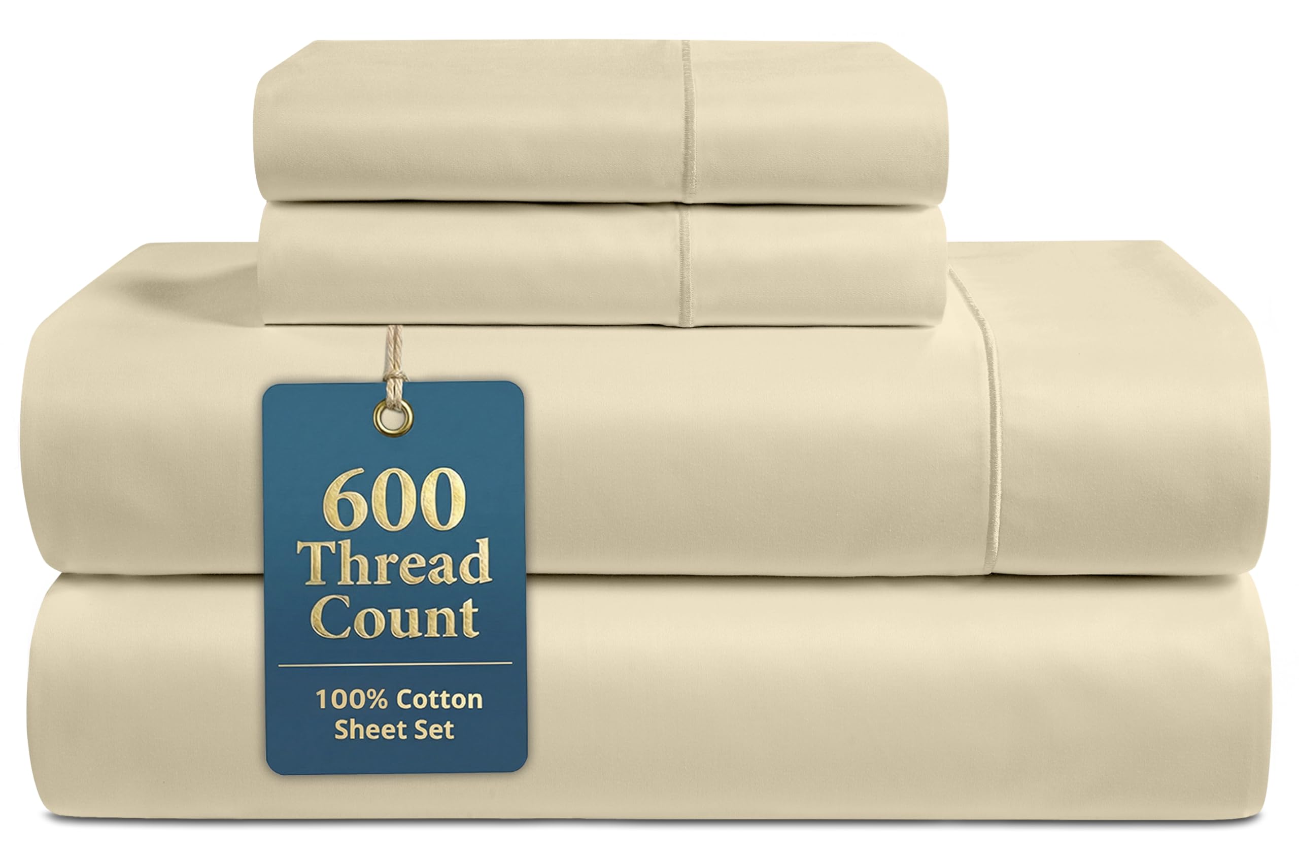 LANE LINEN Queen Bed Sheets - Pemium 600 Thread Count Long Staple 100% Cotton Sheets Queen Size Bed Set, Hotel Luxury Sateen Finish, 15" Deep Pocket Fitted Sheet, Cool & Durable - Denim