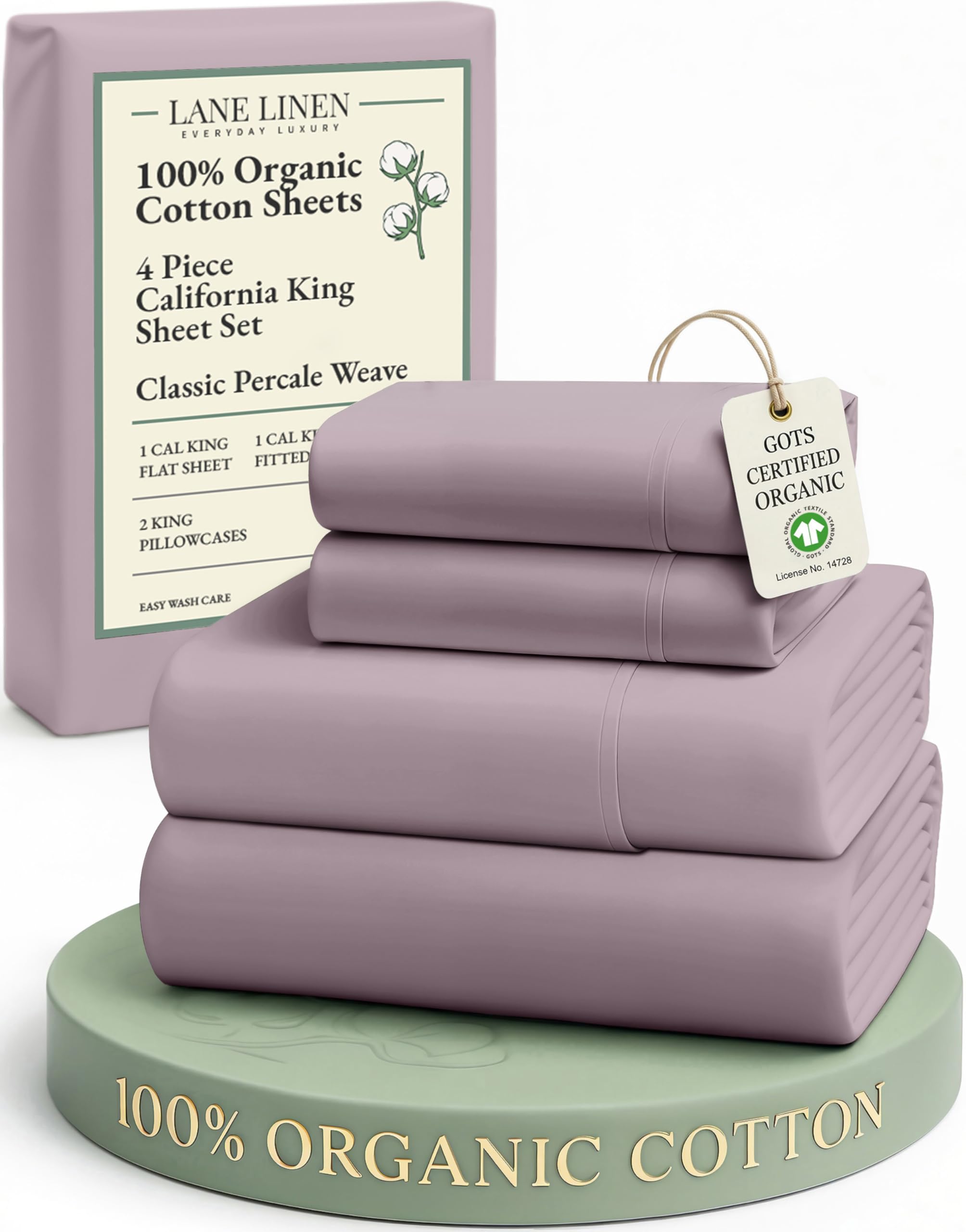 LANE LINEN 100% Organic Cotton Sheets Queen Size Bed Set, Machine Wash Eco Friendly Sustainably Produced Cotton Queen Sheet Set, Soft & Comfy Long Stabple Naturally Cooling Sheets– Mineral