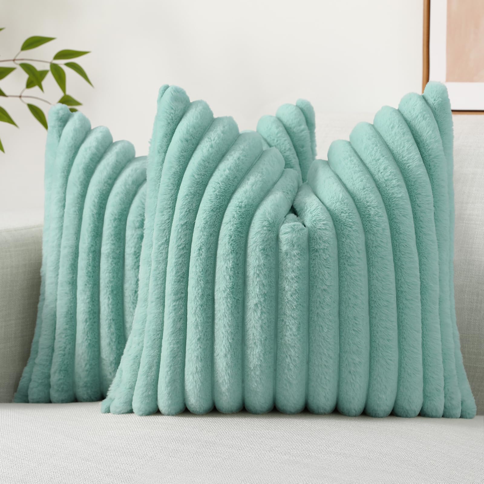 decorUhome Summer Cozy Faux Fur Throw Pillow Covers 18x18 Set of 2 Decorative Soft Plush Striped Modern Farmhouse Boho Couch Pillow Cases with Velvet Back for Sofa Bed Living Room, Cream White