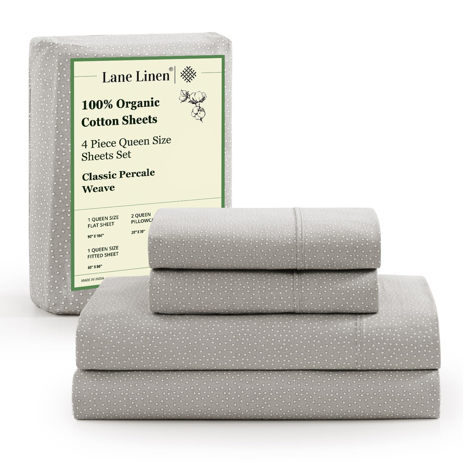 LANE LINEN 100% Organic Cotton Sheets Queen Size Bed Set, Machine Wash Eco Friendly Sustainably Produced Cotton Queen Sheet Set, Soft & Comfy Long Stabple Naturally Cooling Sheets– Mineral