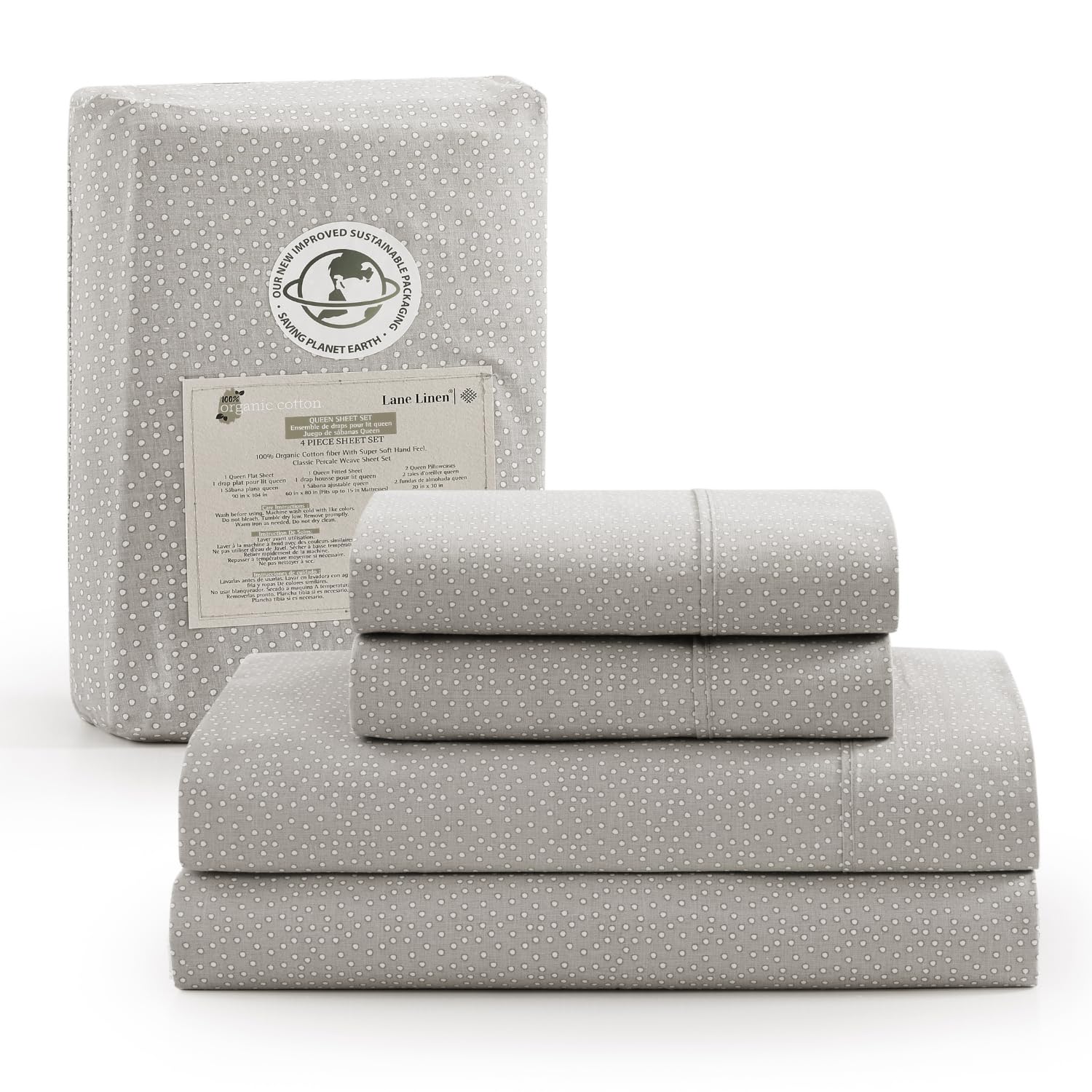 LANE LINEN 100% Organic Cotton Sheets Queen Size Bed Set, Machine Wash Eco Friendly Sustainably Produced Cotton Queen Sheet Set, Soft & Comfy Long Stabple Naturally Cooling Sheets– Mineral