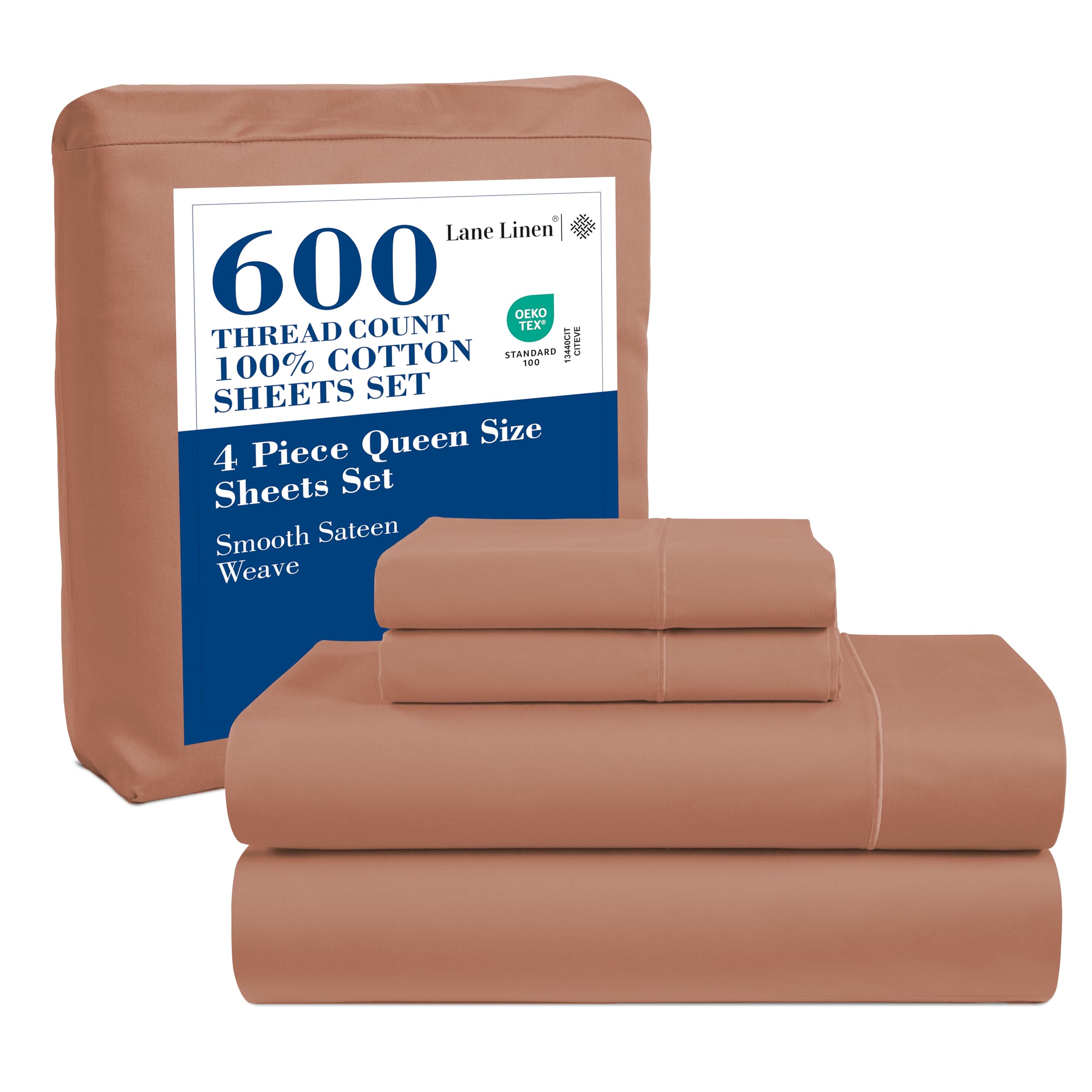 LANE LINEN Queen Bed Sheets - Pemium 600 Thread Count Long Staple 100% Cotton Sheets Queen Size Bed Set, Hotel Luxury Sateen Finish, 15" Deep Pocket Fitted Sheet, Cool & Durable - Denim