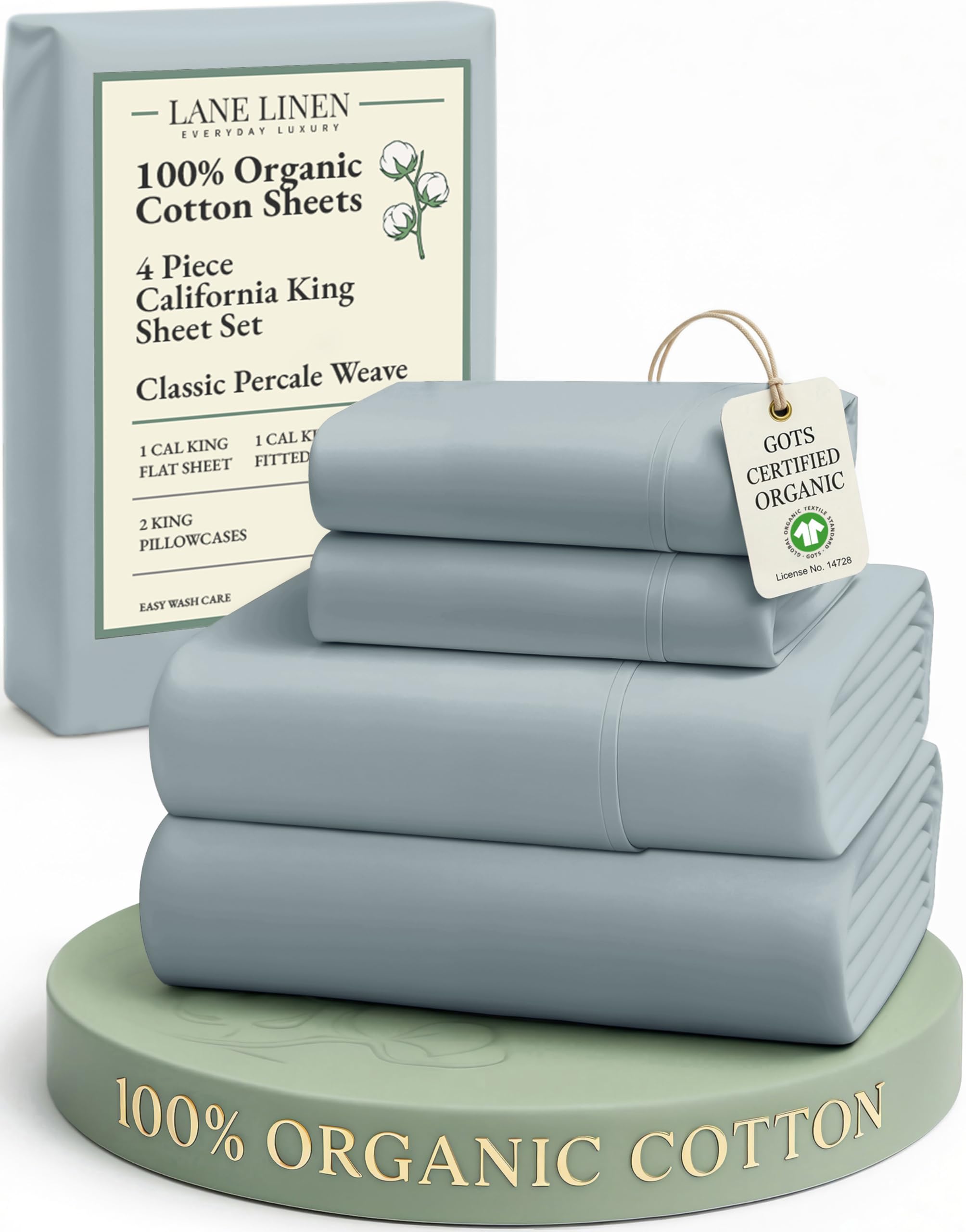 LANE LINEN 100% Organic Cotton Sheets Queen Size Bed Set, Machine Wash Eco Friendly Sustainably Produced Cotton Queen Sheet Set, Soft & Comfy Long Stabple Naturally Cooling Sheets– Mineral