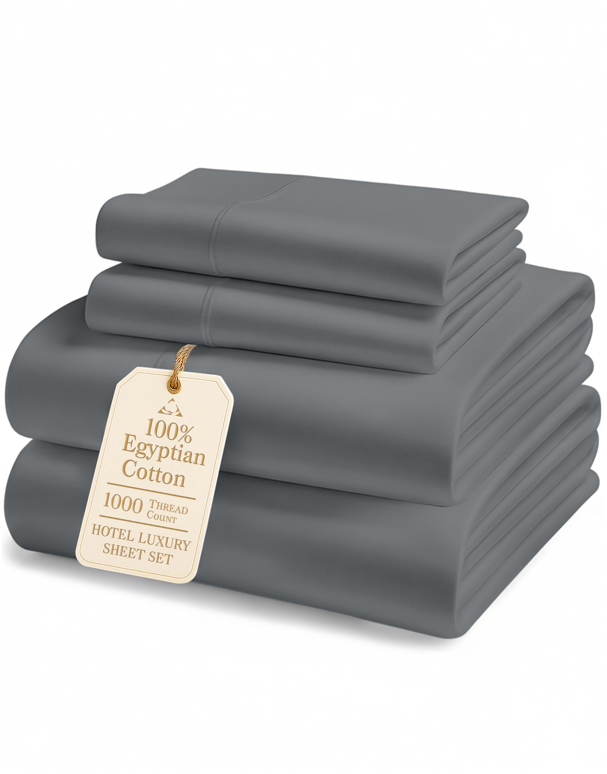 100% Egyptian Cotton King Sheet Set – Premium 1000 Thread Count Naturally Cooling & Breathable King Sheets, Authentic Long-Staple Cotton for Lasting Softness, Snug Fit 15" Deep Pocket Fitted -Charcoal