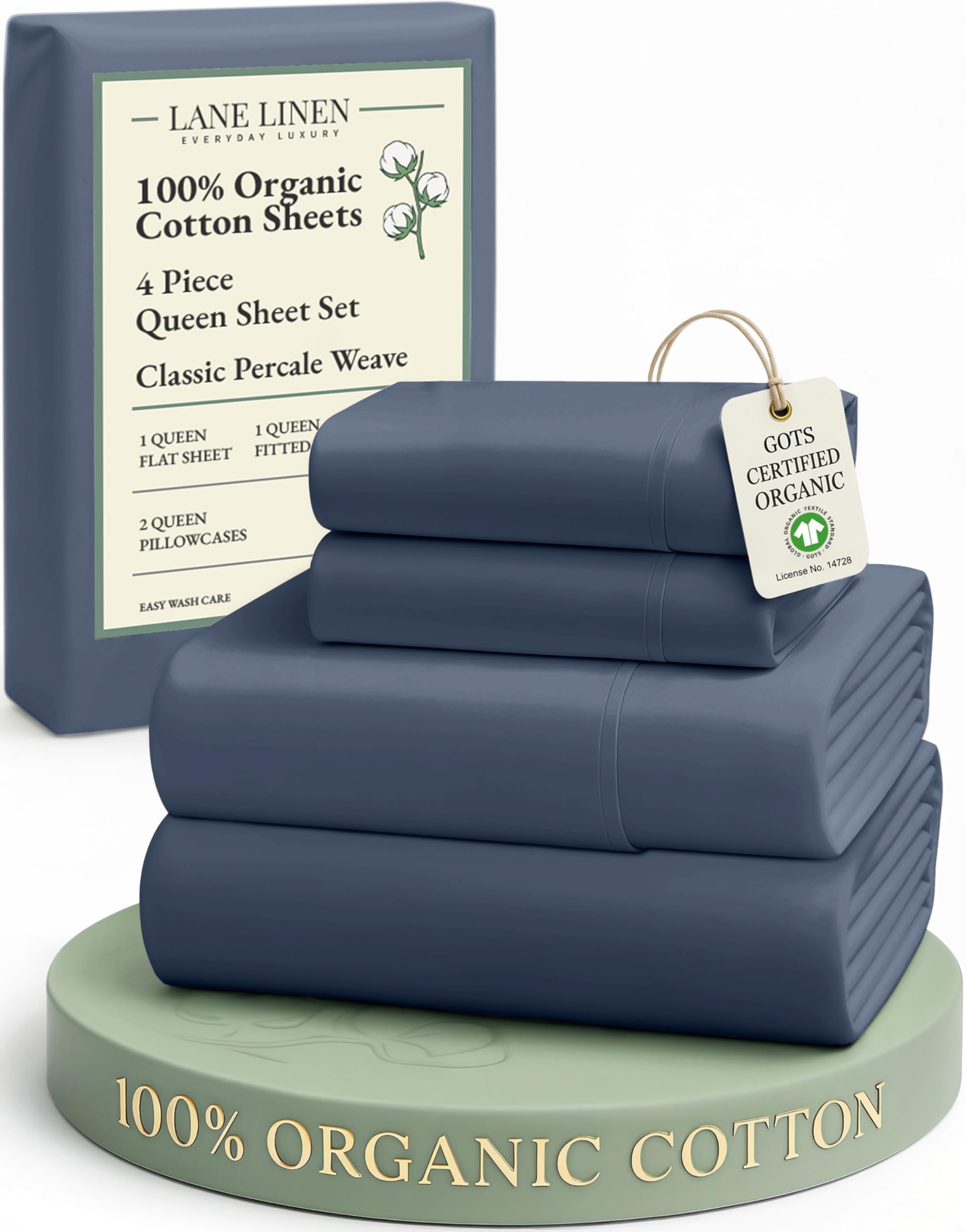 LANE LINEN 100% Organic Cotton Sheets Queen Size Bed Set, Machine Wash Eco Friendly Sustainably Produced Cotton Queen Sheet Set, Soft & Comfy Long Stabple Naturally Cooling Sheets– Mineral