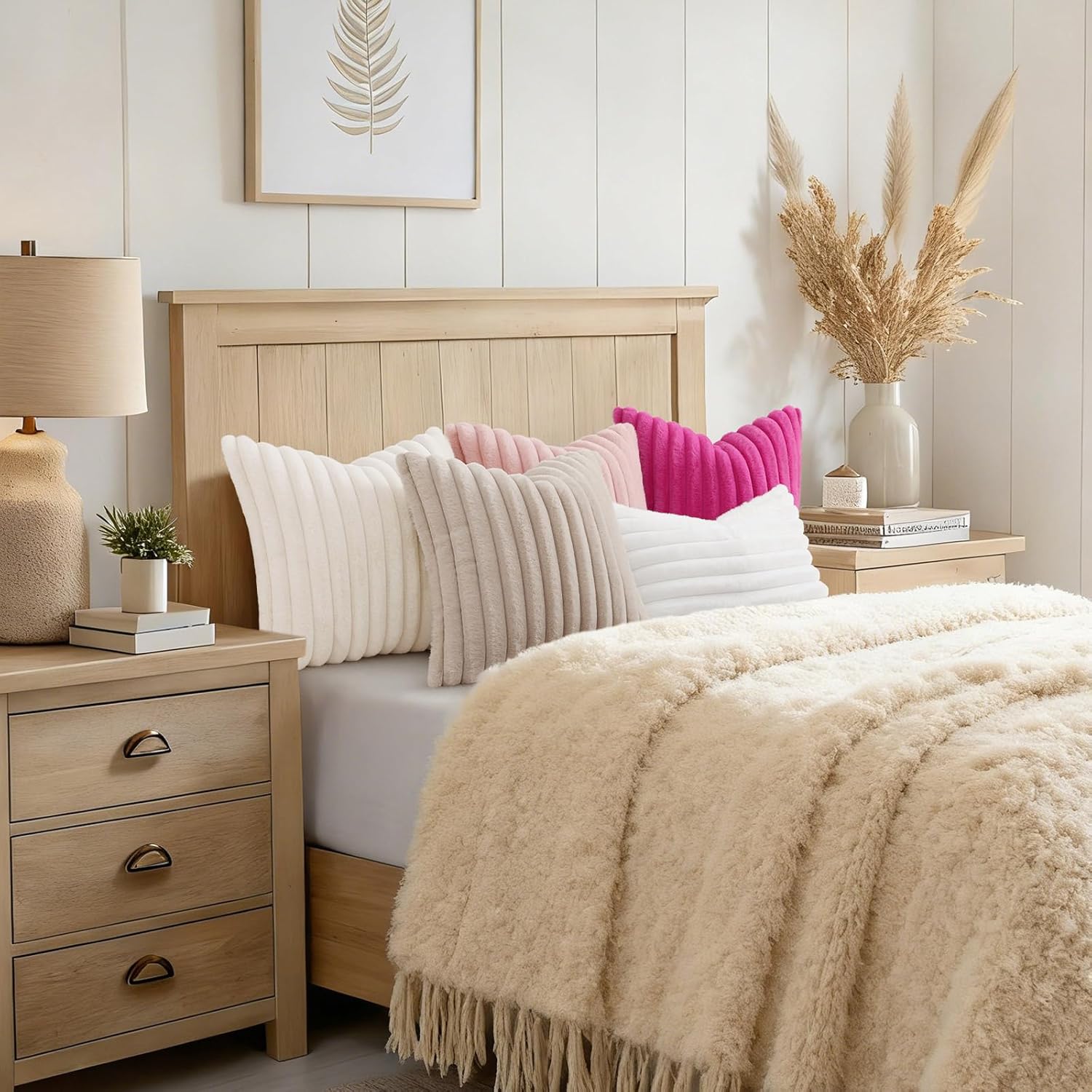 decorUhome Summer Cozy Faux Fur Throw Pillow Covers 18x18 Set of 2 Decorative Soft Plush Striped Modern Farmhouse Boho Couch Pillow Cases with Velvet Back for Sofa Bed Living Room, Cream White