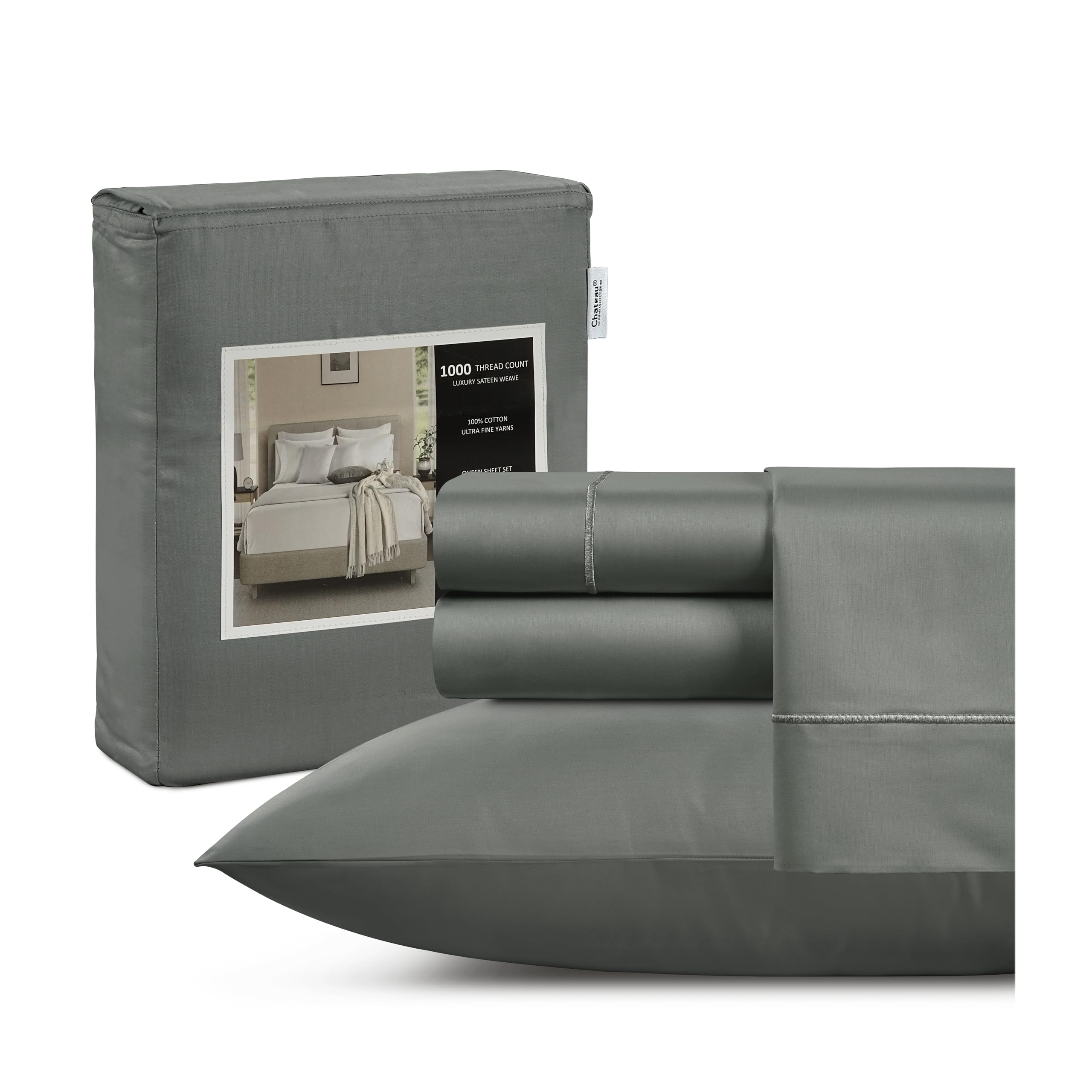 King Bed Sheets Deep Pocket King Sheet Set, 1000 Thread Count Long Staple Fully Elasticated 100% Cotton Sheet & Pillowcase sets, Machine Wash No Pill Naturally Breathable Cotton Bedding- Mineral