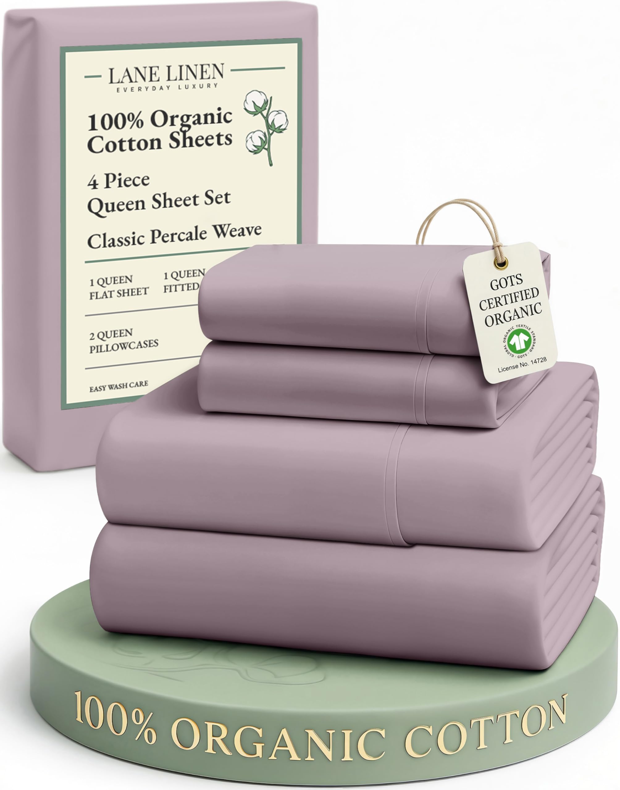 LANE LINEN 100% Organic Cotton Sheets Queen Size Bed Set, Machine Wash Eco Friendly Sustainably Produced Cotton Queen Sheet Set, Soft & Comfy Long Stabple Naturally Cooling Sheets– Mineral
