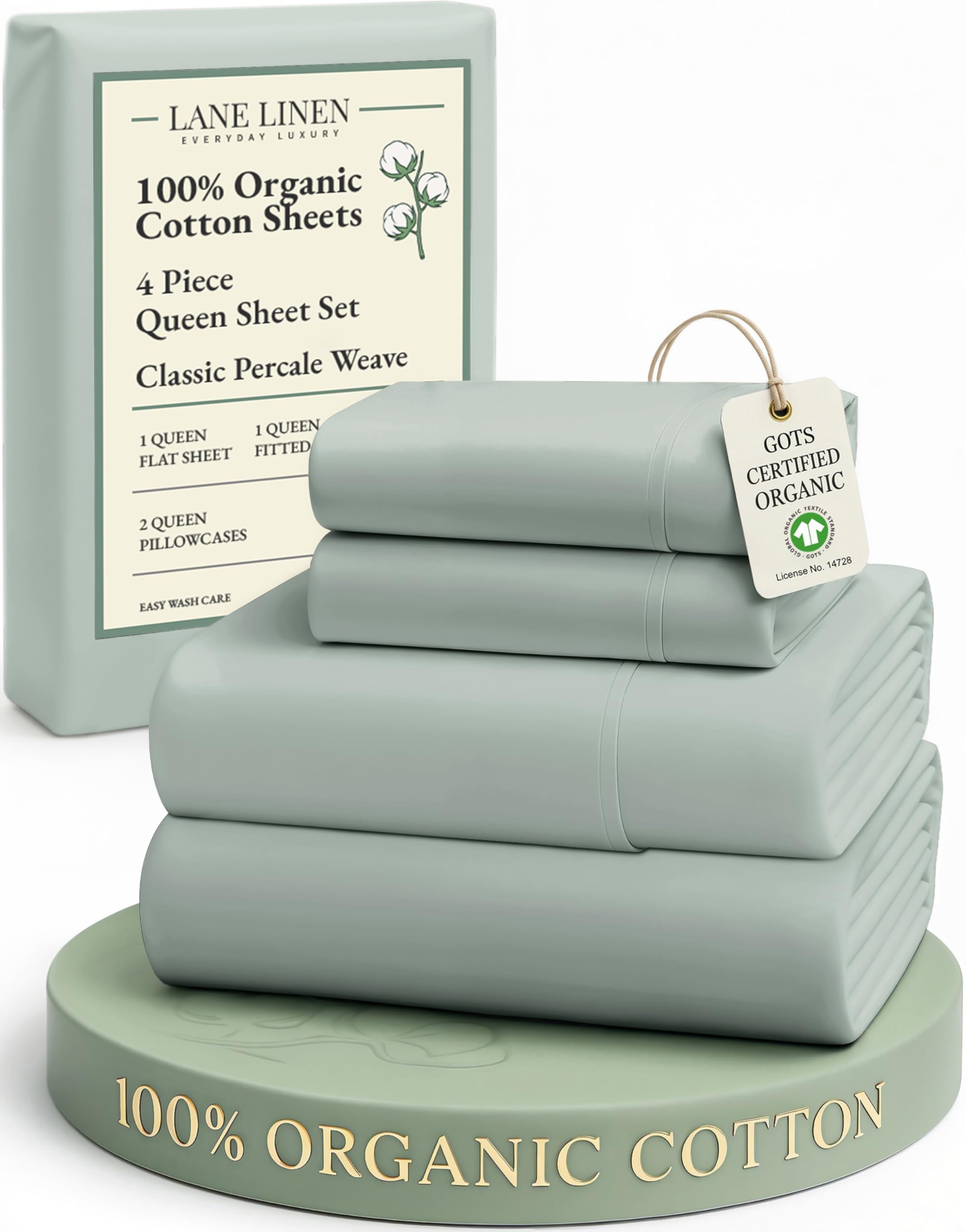 LANE LINEN Eco Friendly 100% Organic Cotton Queen Sheet Set, Soft & Comfy Fully Elasticized 15" Deep Pocket Bed Sheets, Low Pill Naturally Cooling Machine Wash Sábanas Queen- White Bed Sheets