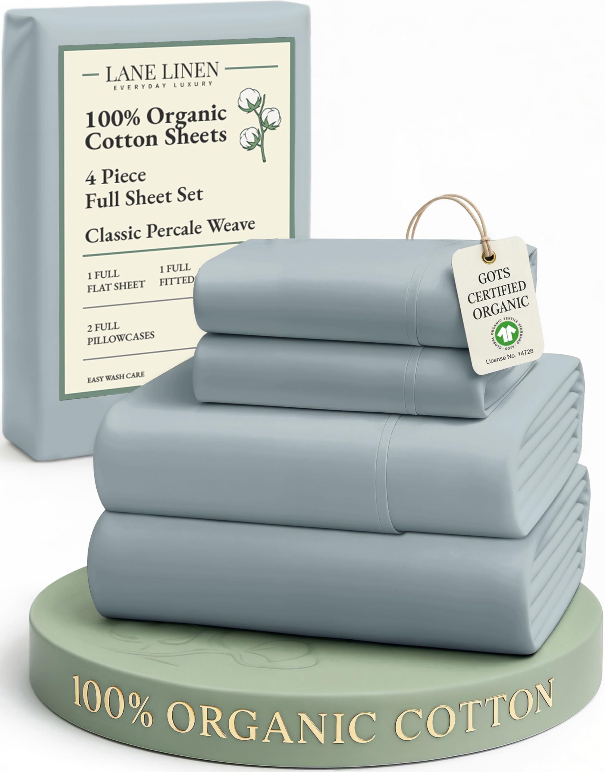 LANE LINEN 100% Organic Cotton Sheets Queen Size Bed Set, Machine Wash Eco Friendly Sustainably Produced Cotton Queen Sheet Set, Soft & Comfy Long Stabple Naturally Cooling Sheets– Mineral