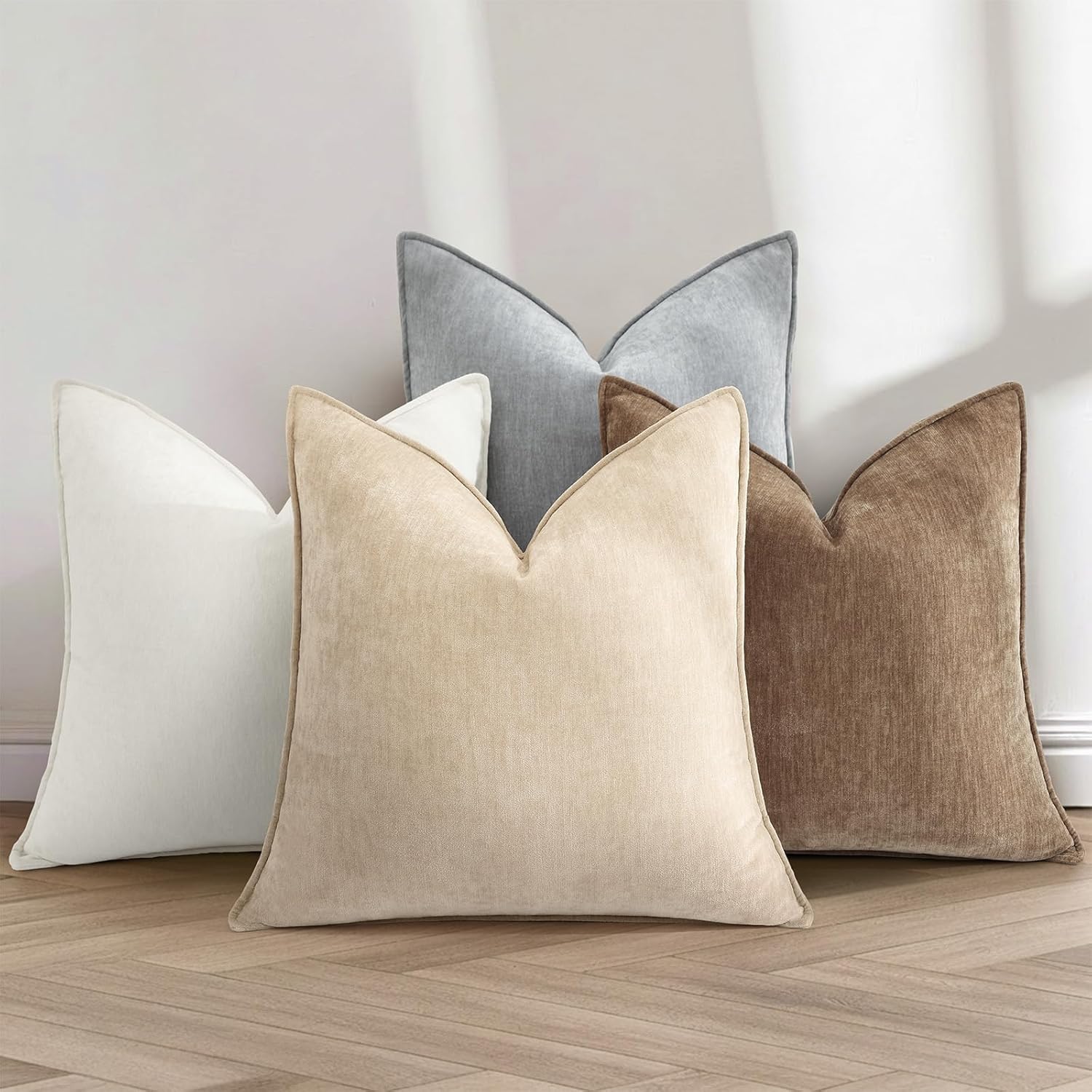 decorUhome Summer Couch Throw Pillow Covers 18x18 Set of 2, Decorative Soft Velvet Modern Cozy Chenille Pillow Cases with Elegant Design for Sofa Bed Living Room Home Decor, Beige