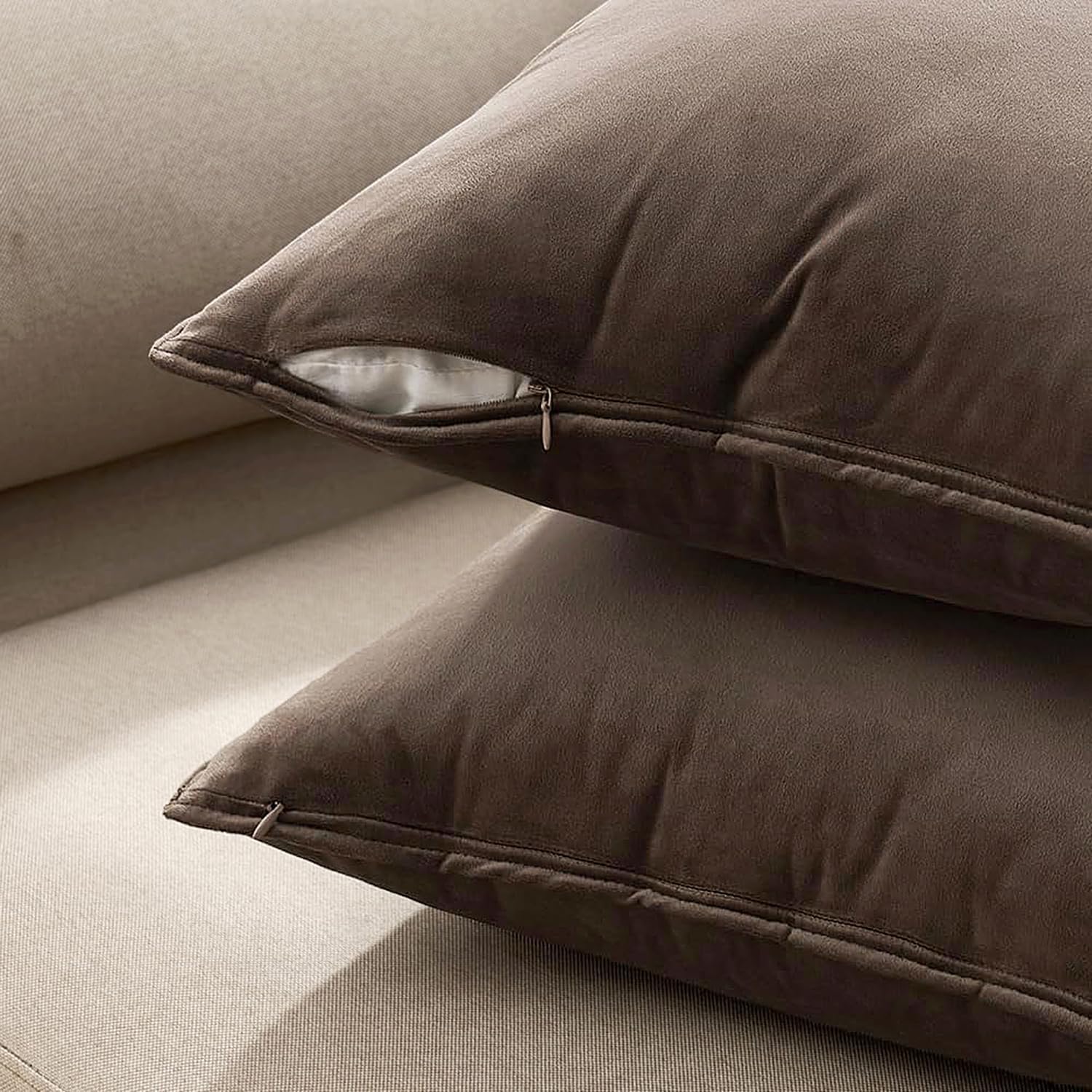MIULEE Dark Coffee Velvet Throw Pillow Covers 20x20 Taupe Neutral Soft Decorative Solid Square Cushion Cases Pack of 2 Modern Luxury Home Decor for Couch, Sofa, Bedroom
