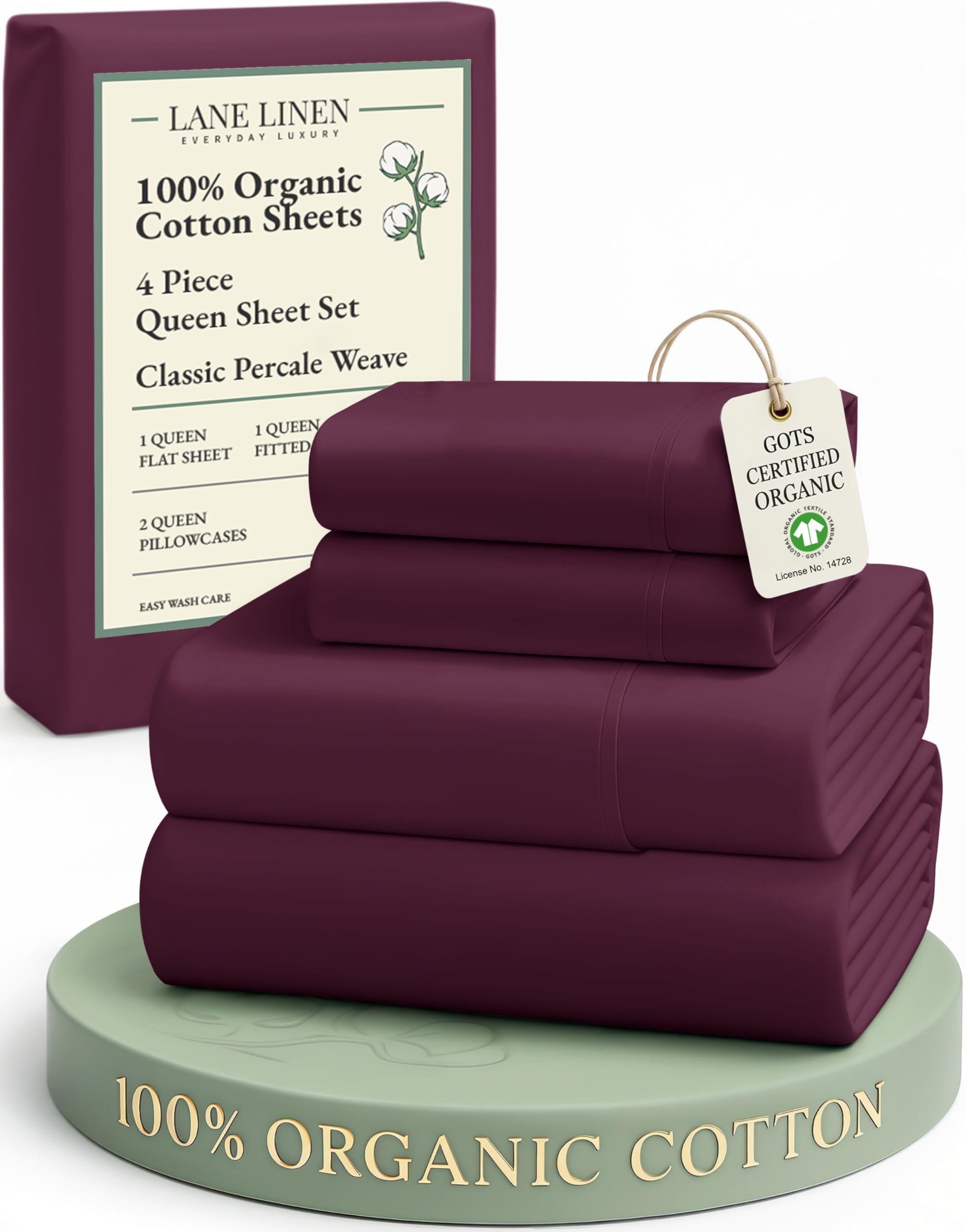 LANE LINEN 100% Organic Cotton Sheets Queen Size Bed Set, Machine Wash Eco Friendly Sustainably Produced Cotton Queen Sheet Set, Soft & Comfy Long Stabple Naturally Cooling Sheets– Mineral