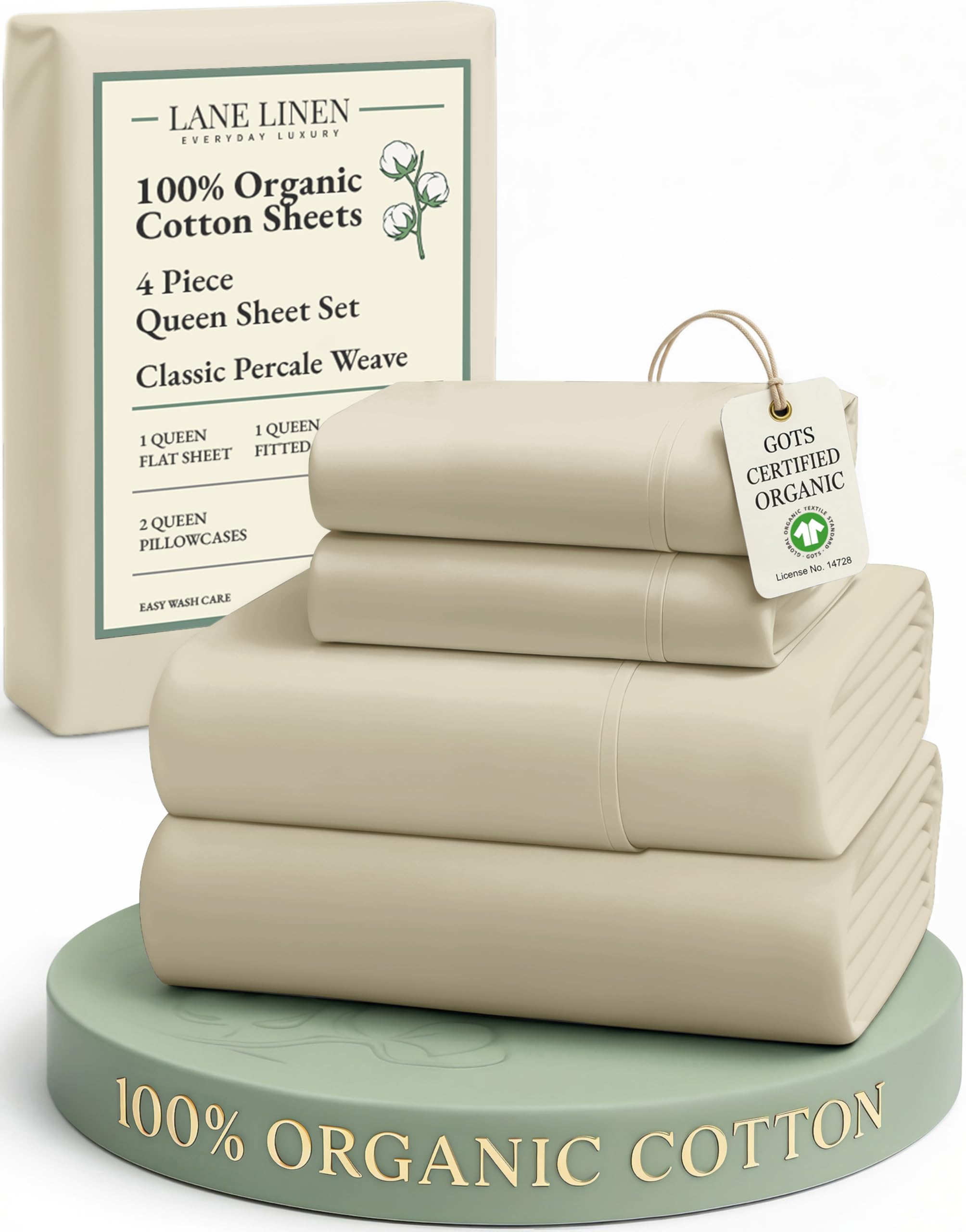 LANE LINEN 100% Organic Cotton Sheets Queen Size Bed Set, Machine Wash Eco Friendly Sustainably Produced Cotton Queen Sheet Set, Soft & Comfy Long Stabple Naturally Cooling Sheets– Mineral