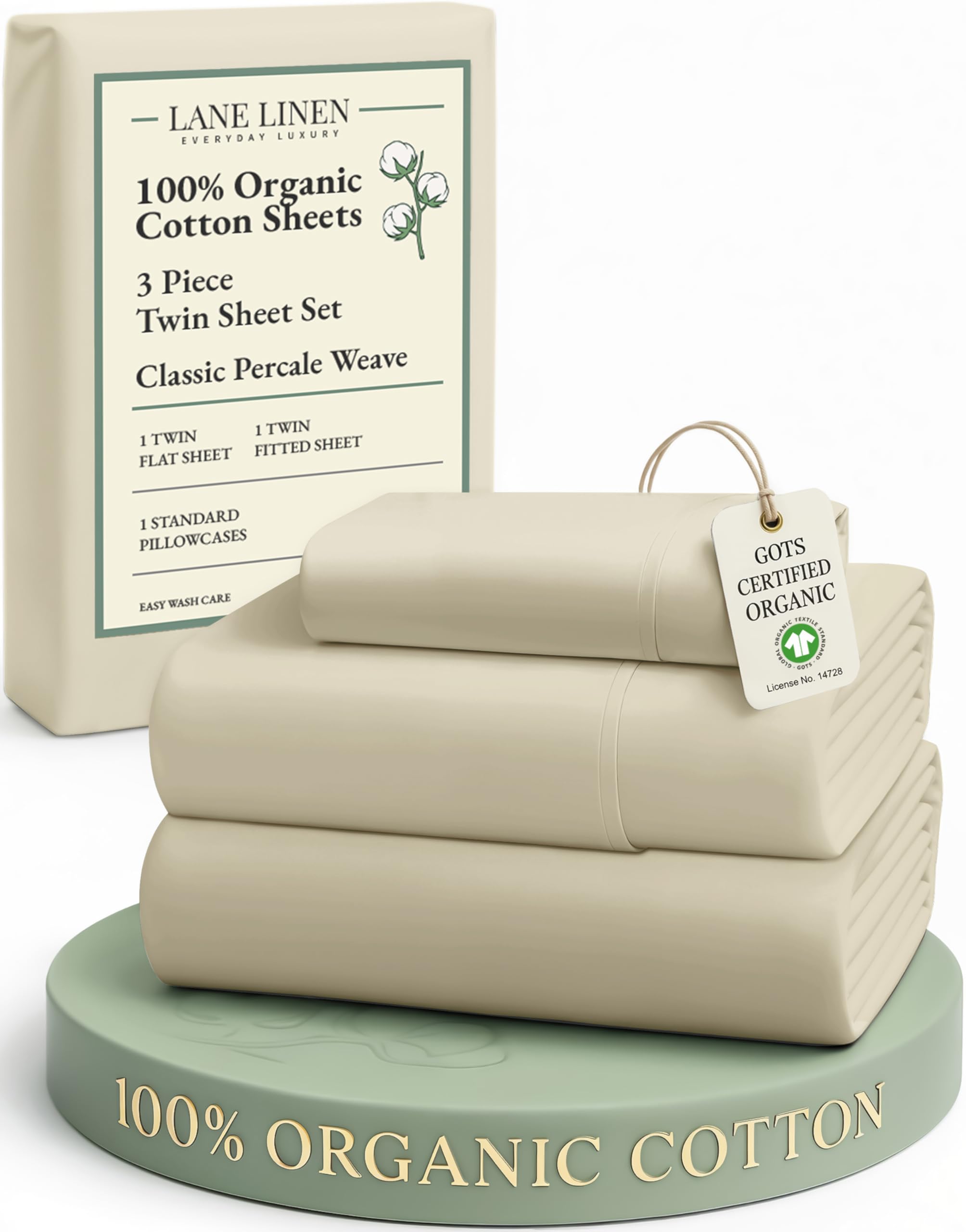 LANE LINEN 100% Organic Cotton Sheets Queen Size Bed Set, Machine Wash Eco Friendly Sustainably Produced Cotton Queen Sheet Set, Soft & Comfy Long Stabple Naturally Cooling Sheets– Mineral