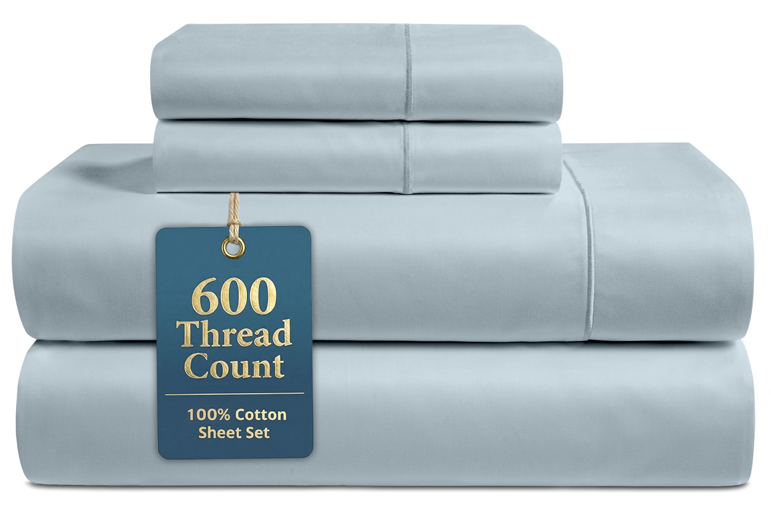 LANE LINEN Queen Bed Sheets - Pemium 600 Thread Count Long Staple 100% Cotton Sheets Queen Size Bed Set, Hotel Luxury Sateen Finish, 15" Deep Pocket Fitted Sheet, Cool & Durable - Denim