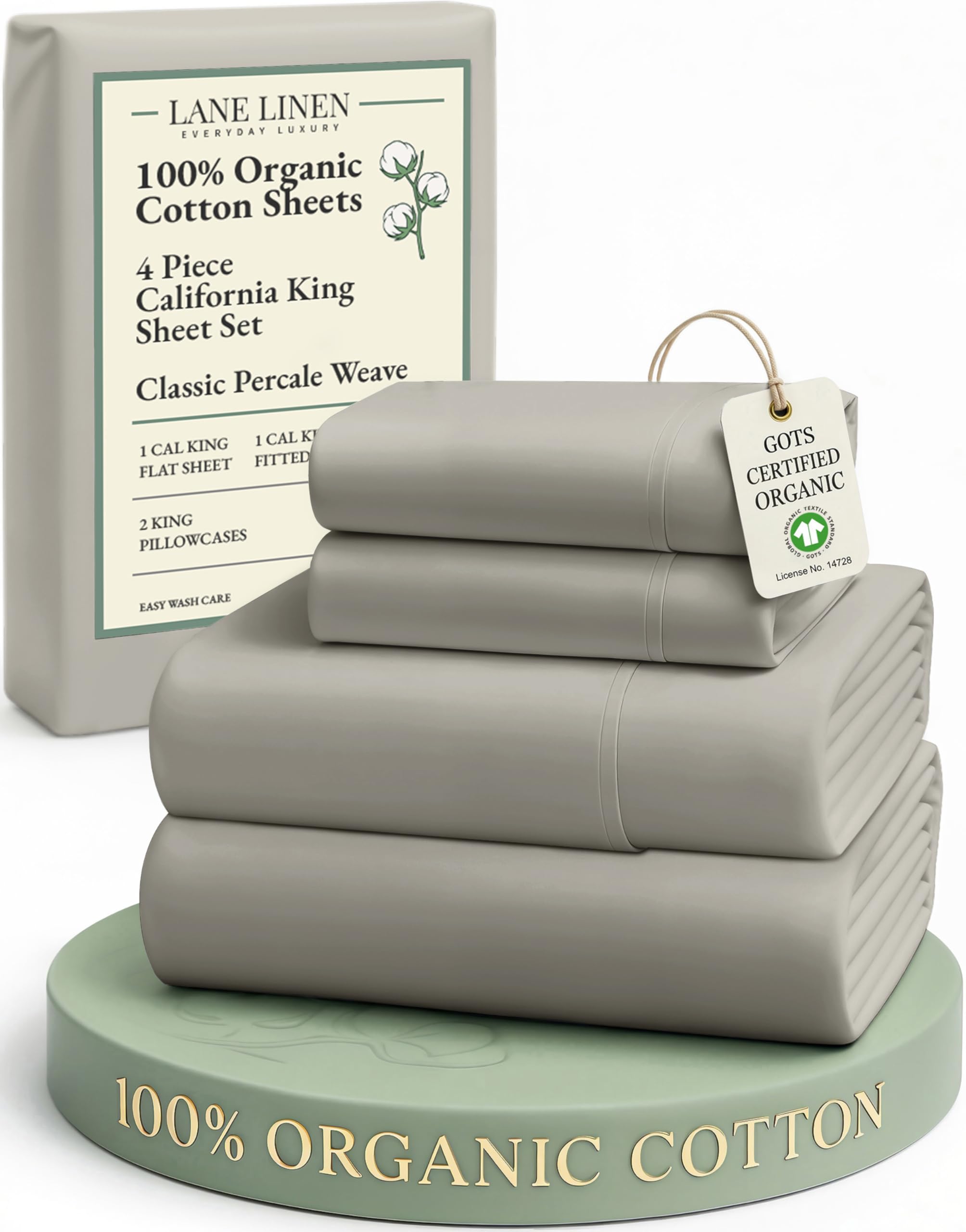 LANE LINEN 100% Organic Cotton Sheets Queen Size Bed Set, Machine Wash Eco Friendly Sustainably Produced Cotton Queen Sheet Set, Soft & Comfy Long Stabple Naturally Cooling Sheets– Mineral