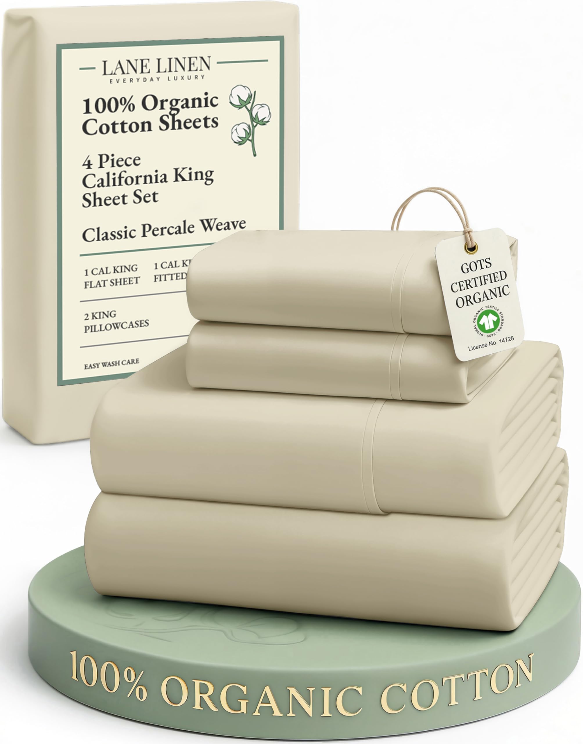 LANE LINEN 100% Organic Cotton Sheets Queen Size Bed Set, Machine Wash Eco Friendly Sustainably Produced Cotton Queen Sheet Set, Soft & Comfy Long Stabple Naturally Cooling Sheets– Mineral