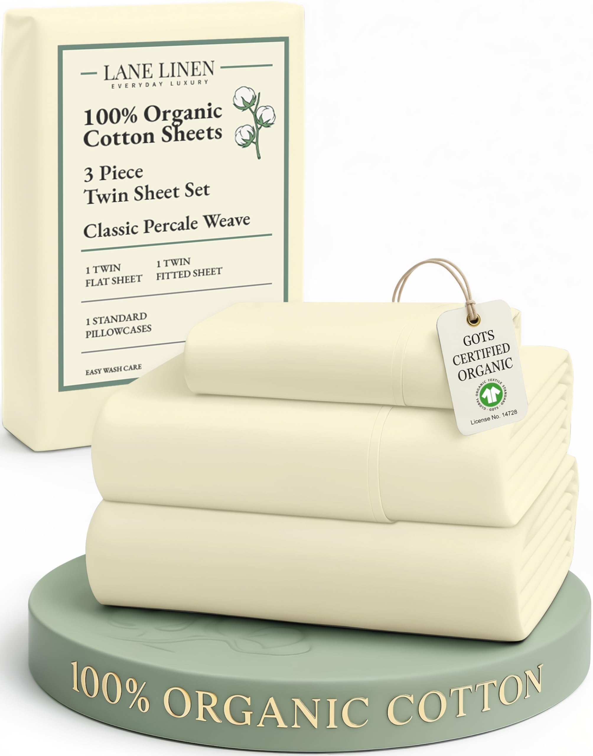 LANE LINEN 100% Organic Cotton Sheets Queen Size Bed Set, Machine Wash Eco Friendly Sustainably Produced Cotton Queen Sheet Set, Soft & Comfy Long Stabple Naturally Cooling Sheets– Mineral