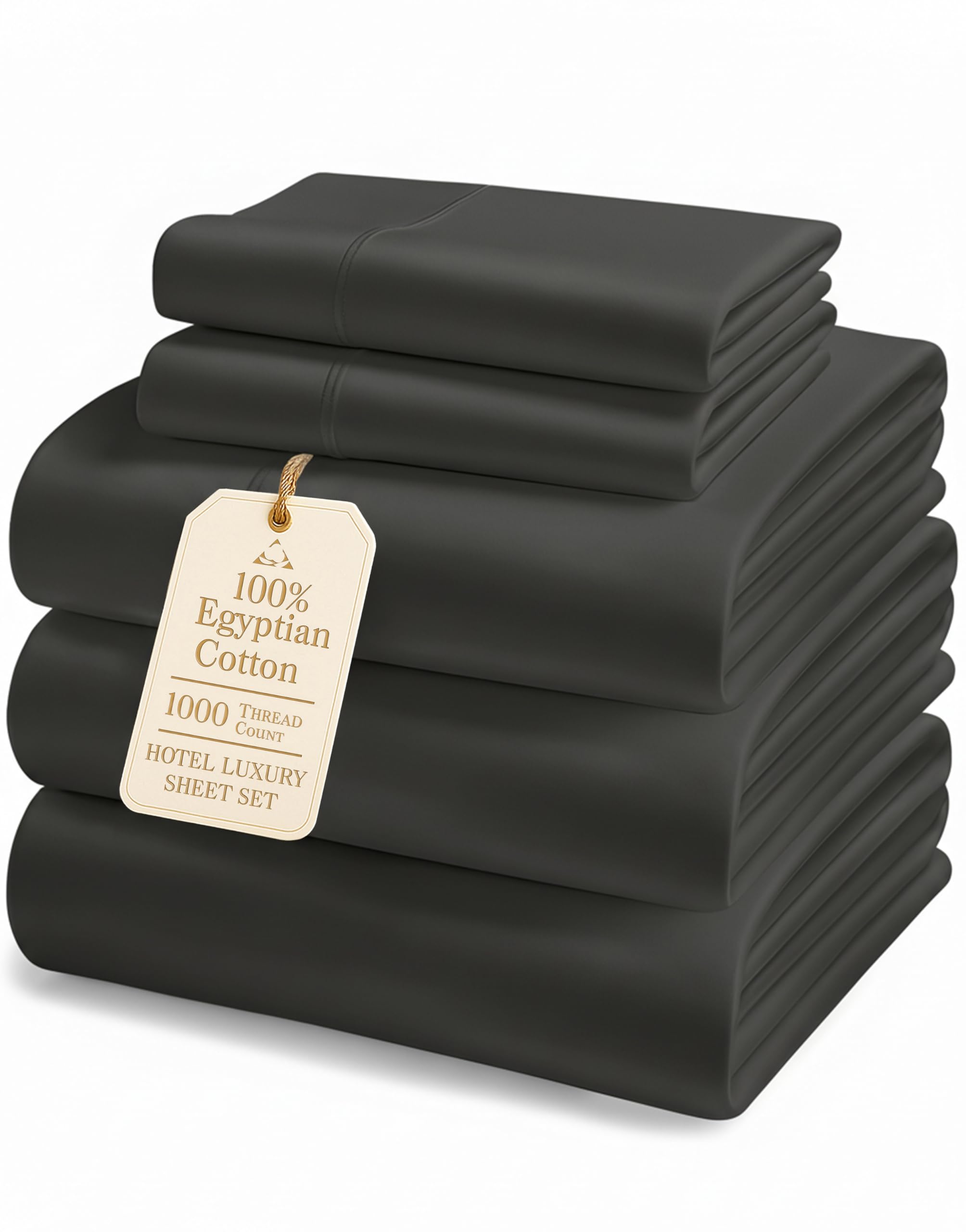 100% Egyptian Cotton King Sheet Set – Premium 1000 Thread Count Naturally Cooling & Breathable King Sheets, Authentic Long-Staple Cotton for Lasting Softness, Snug Fit 15" Deep Pocket Fitted -Charcoal