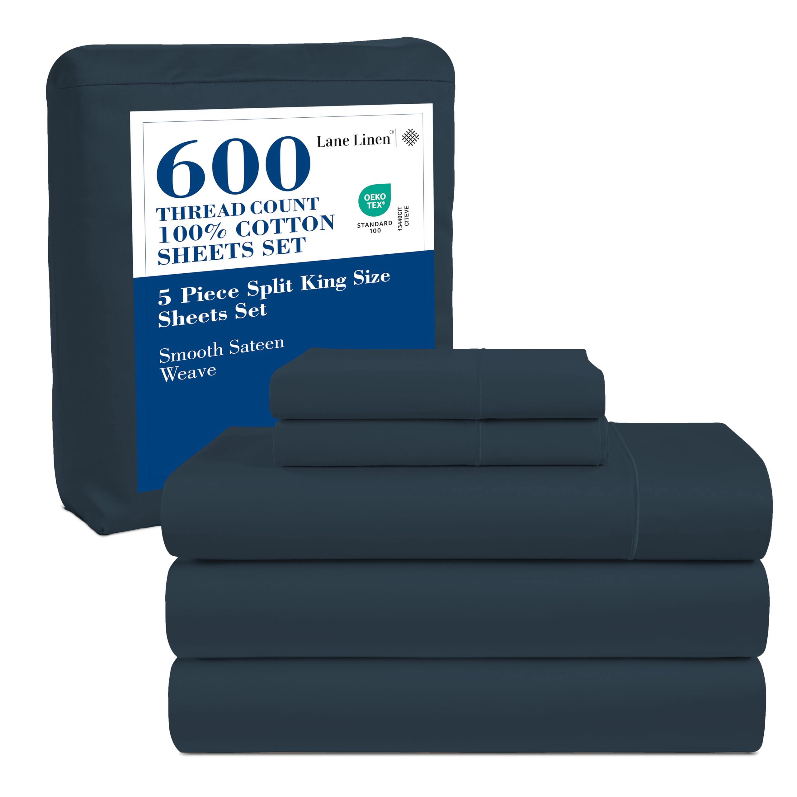 LANE LINEN Queen Bed Sheets - Pemium 600 Thread Count Long Staple 100% Cotton Sheets Queen Size Bed Set, Hotel Luxury Sateen Finish, 15" Deep Pocket Fitted Sheet, Cool & Durable - Denim