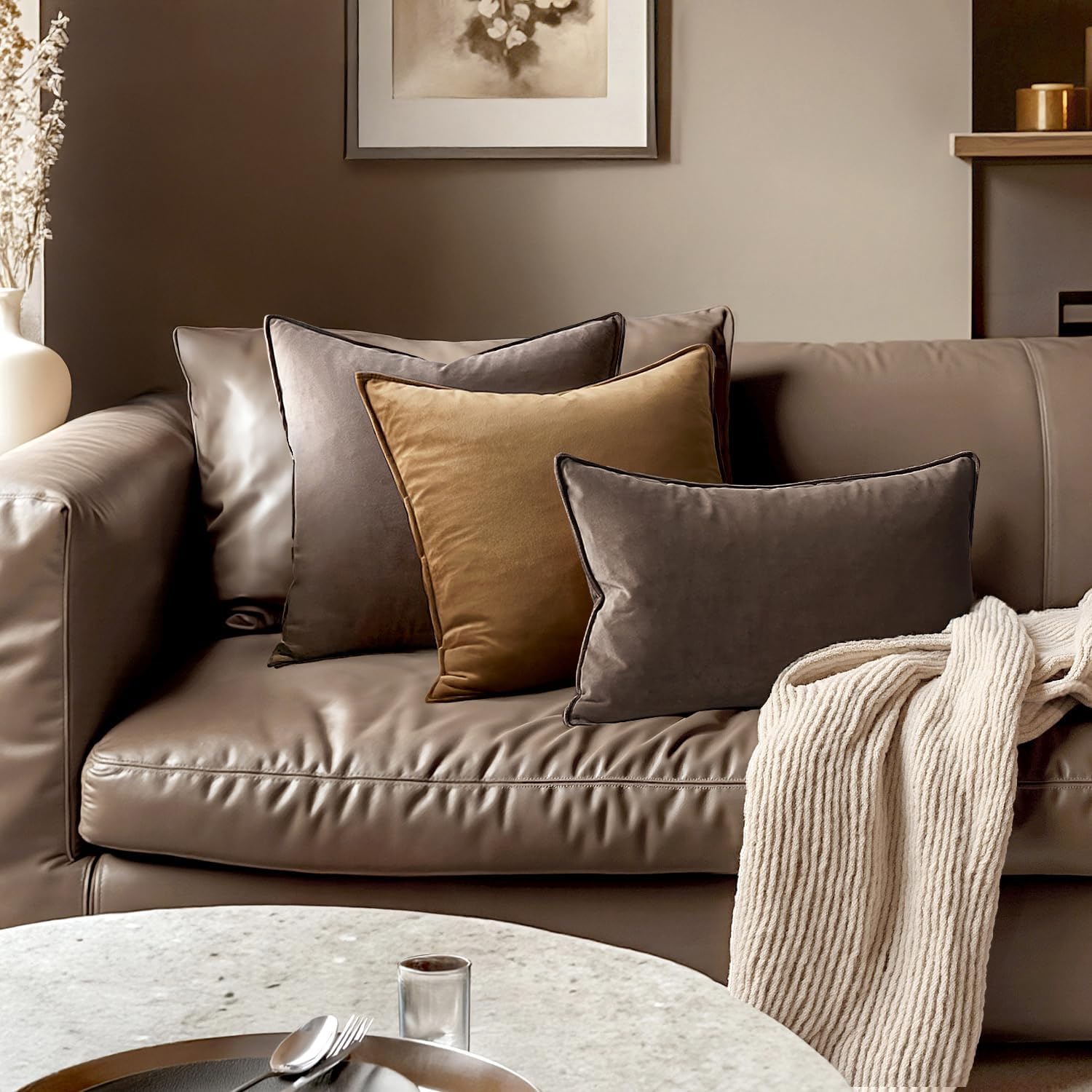 MIULEE Dark Coffee Velvet Throw Pillow Covers 20x20 Taupe Neutral Soft Decorative Solid Square Cushion Cases Pack of 2 Modern Luxury Home Decor for Couch, Sofa, Bedroom