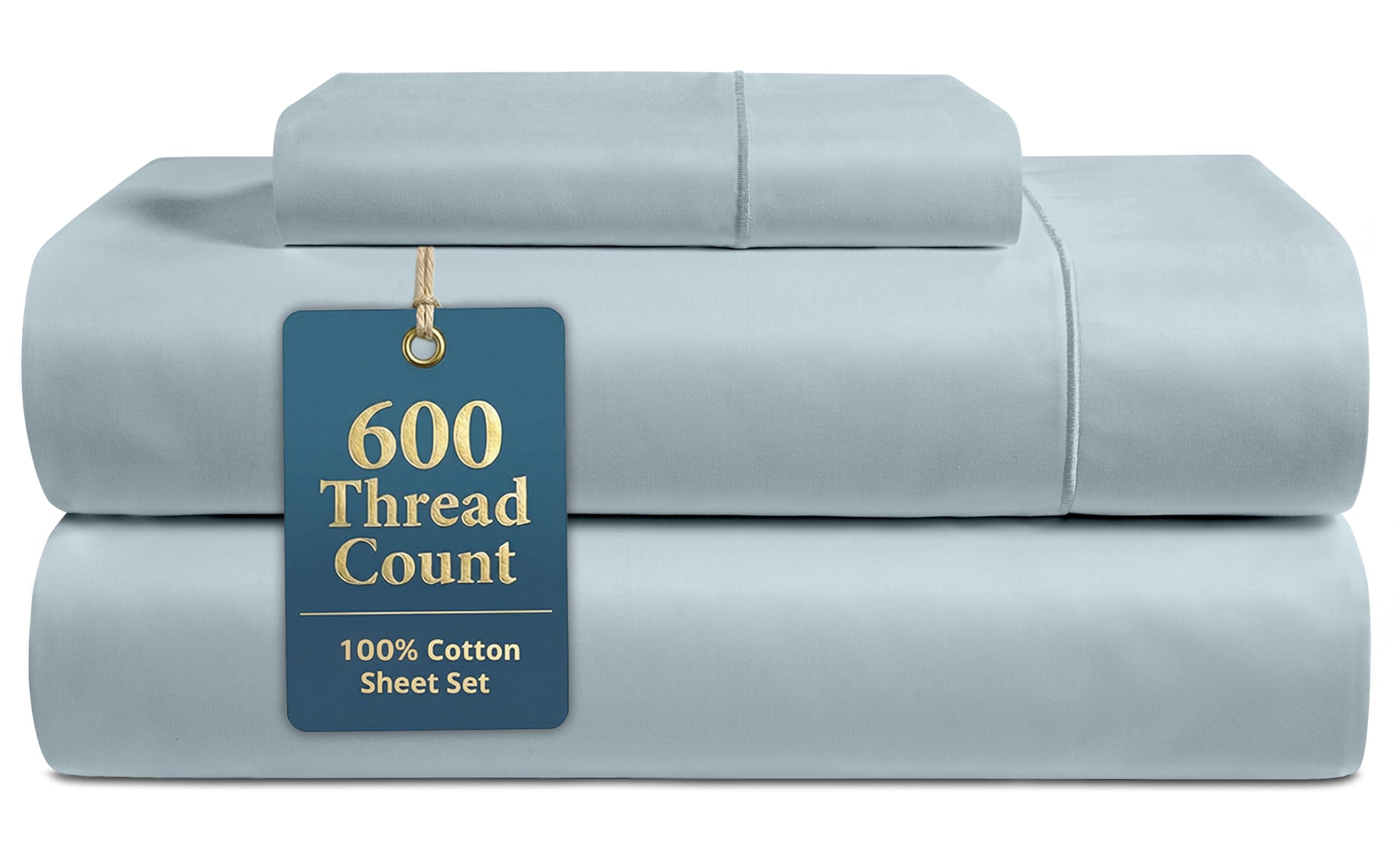 LANE LINEN Queen Bed Sheets - Pemium 600 Thread Count Long Staple 100% Cotton Sheets Queen Size Bed Set, Hotel Luxury Sateen Finish, 15" Deep Pocket Fitted Sheet, Cool & Durable - Denim