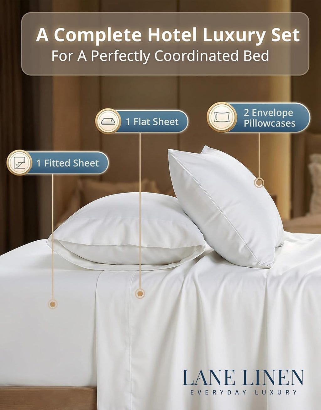 LANE LINEN 100% Cotton Sheets Full Size - 600 Thread Count Sateen Weave - Hotel Quality Softness, Great for Everyday Comfort - Securely Fits Matresses Upto 15'' Deep - Oeko TEX Certified - White