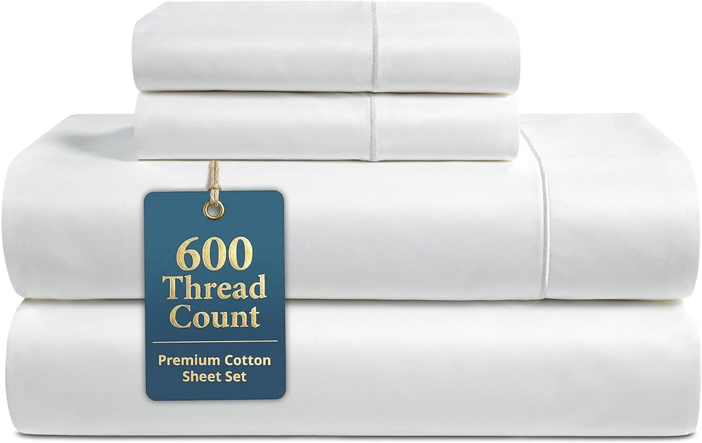 LANE LINEN 100% Cotton Sheets Full Size - 600 Thread Count Sateen Weave - Hotel Quality Softness, Great for Everyday Comfort - Securely Fits Matresses Upto 15'' Deep - Oeko TEX Certified - White