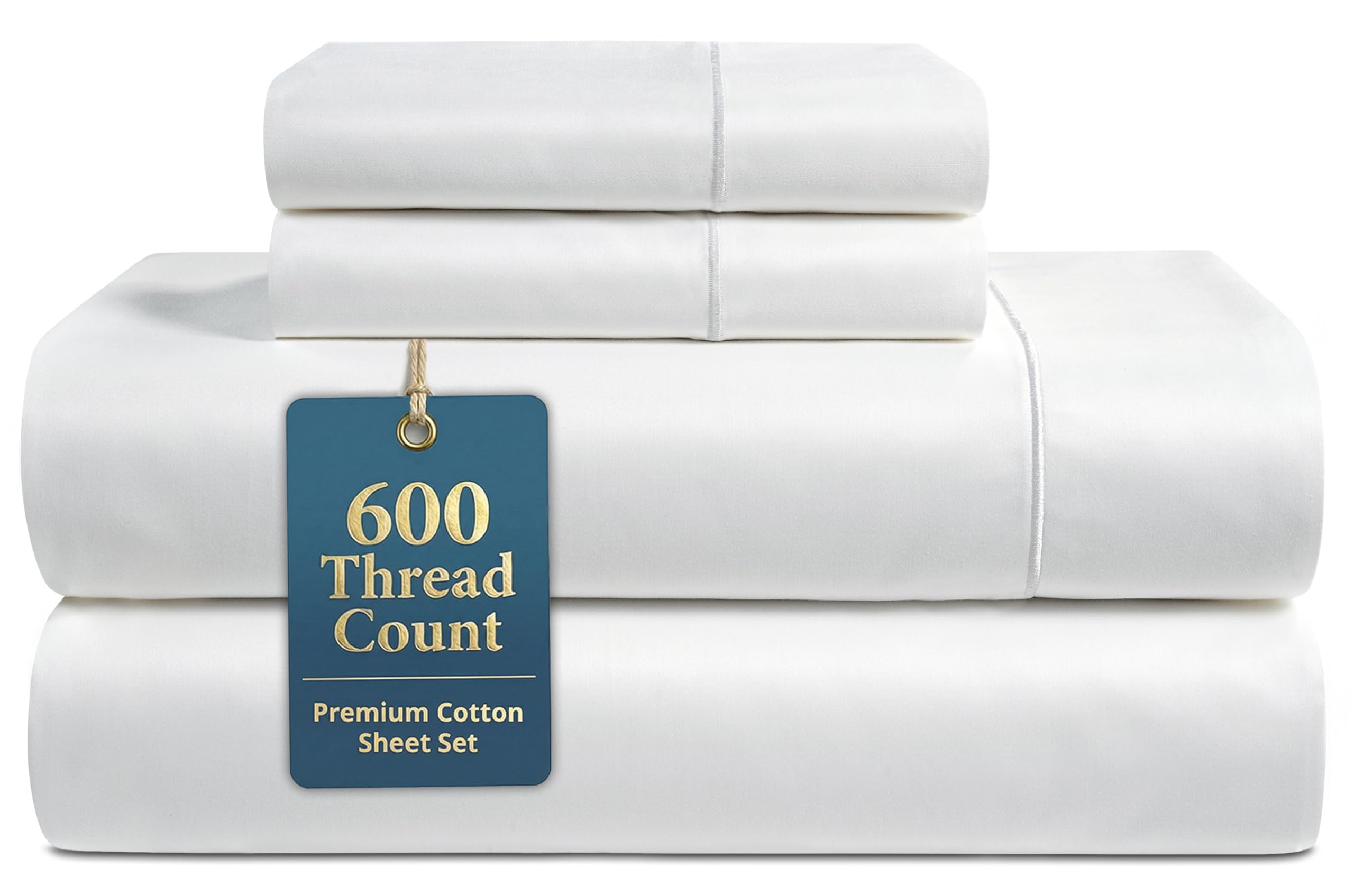 LANE LINEN Queen Bed Sheets - Pemium 600 Thread Count Long Staple 100% Cotton Sheets Queen Size Bed Set, Hotel Luxury Sateen Finish, 15" Deep Pocket Fitted Sheet, Cool & Durable - Denim