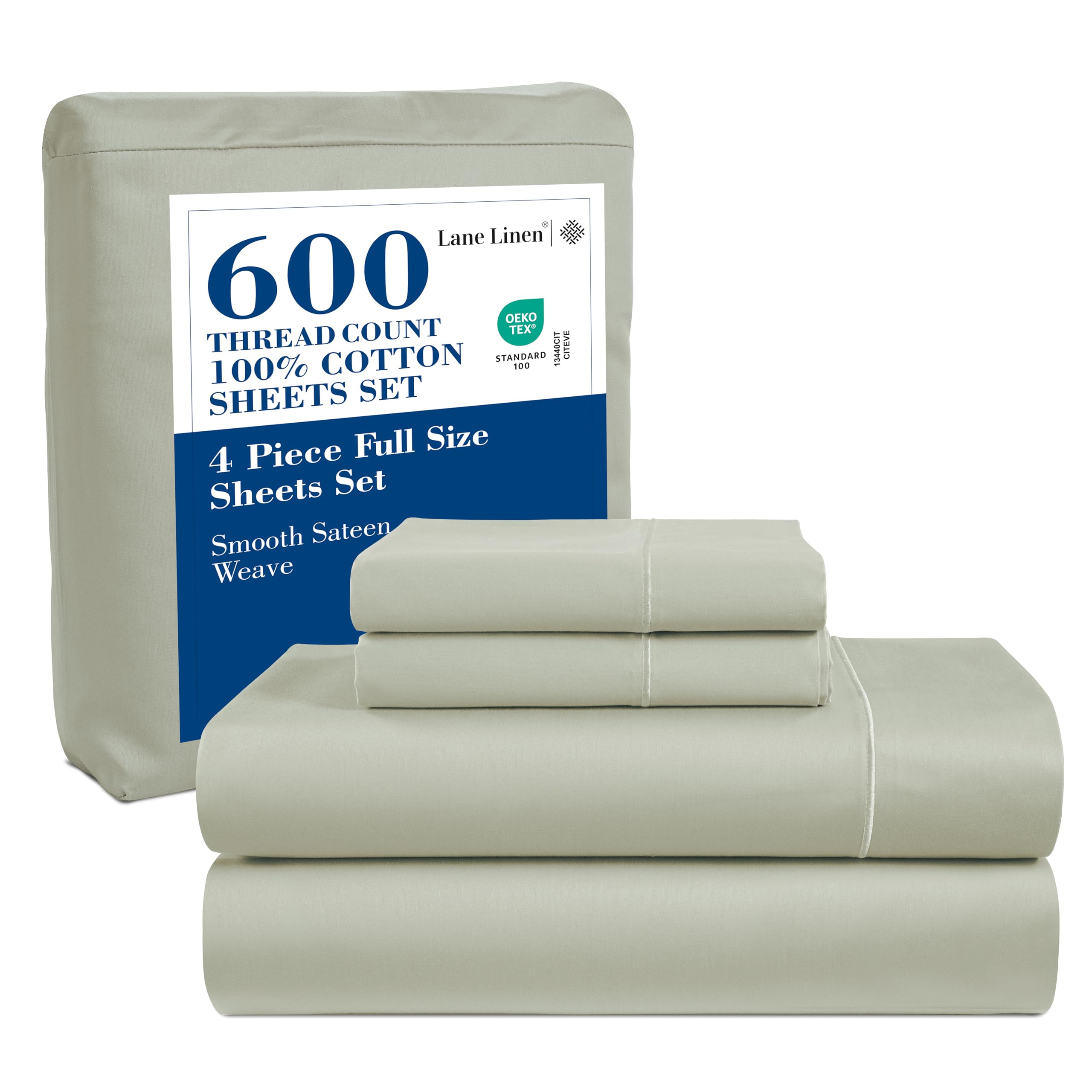 LANE LINEN Queen Bed Sheets - Pemium 600 Thread Count Long Staple 100% Cotton Sheets Queen Size Bed Set, Hotel Luxury Sateen Finish, 15" Deep Pocket Fitted Sheet, Cool & Durable - Denim